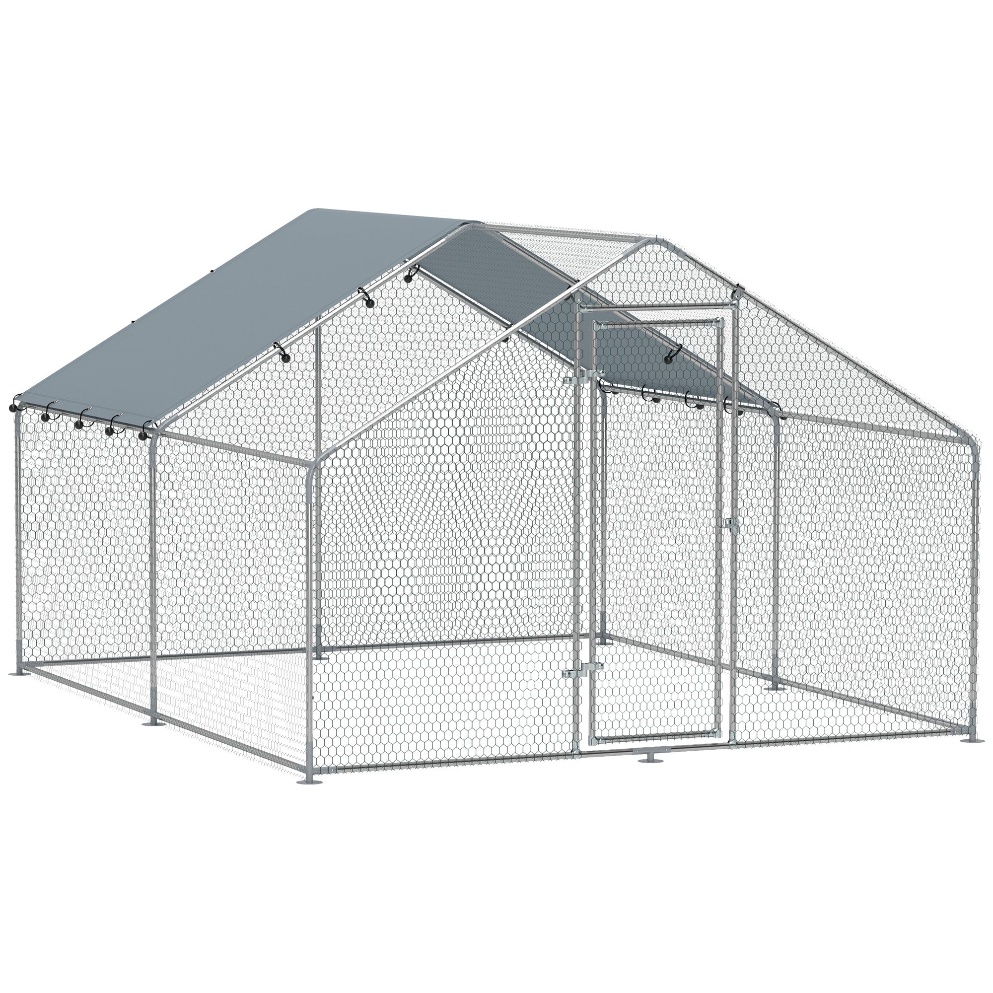 EasyComfort Recinto per Galline da 10.2m² per 10-15 Galline con Tetto Impermeabile, in Acciaio e Tessuto, 3x3.4x1.9 m, Argento