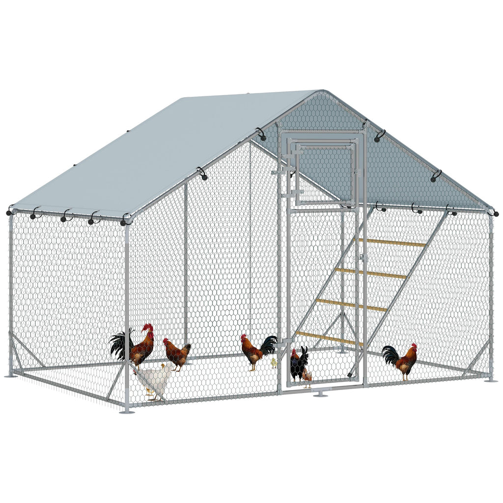 EasyComfort Recinto per Galline da 6m² per 6-8 Animali con Tetto Impermeabile, Mangiatoia e Posatoio, 3x2x1.9m, Argento