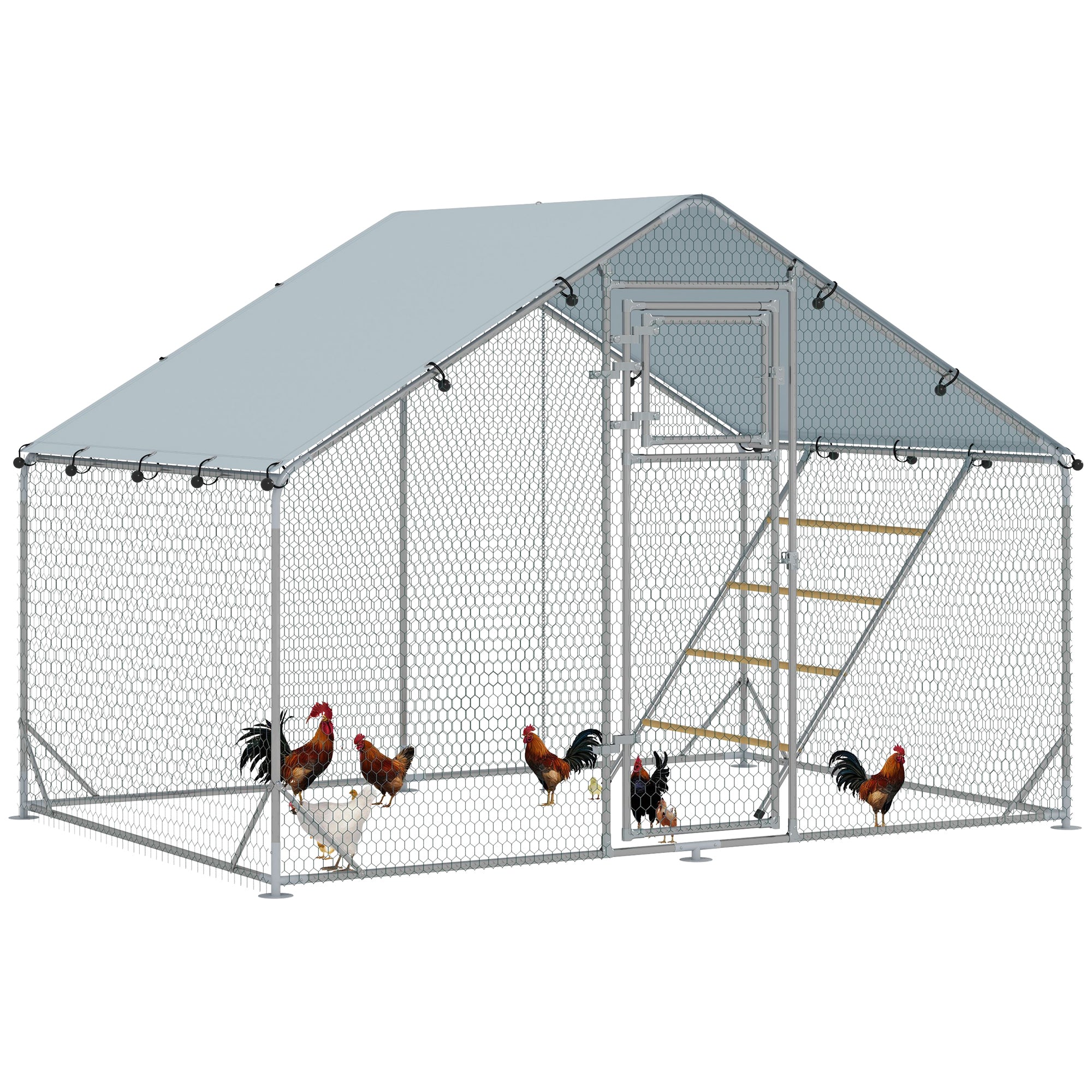 EasyComfort Recinto per Galline da 6m² per 6-8 Animali con Tetto Impermeabile, Mangiatoia e Posatoio, 3x2x1.9m, Argento