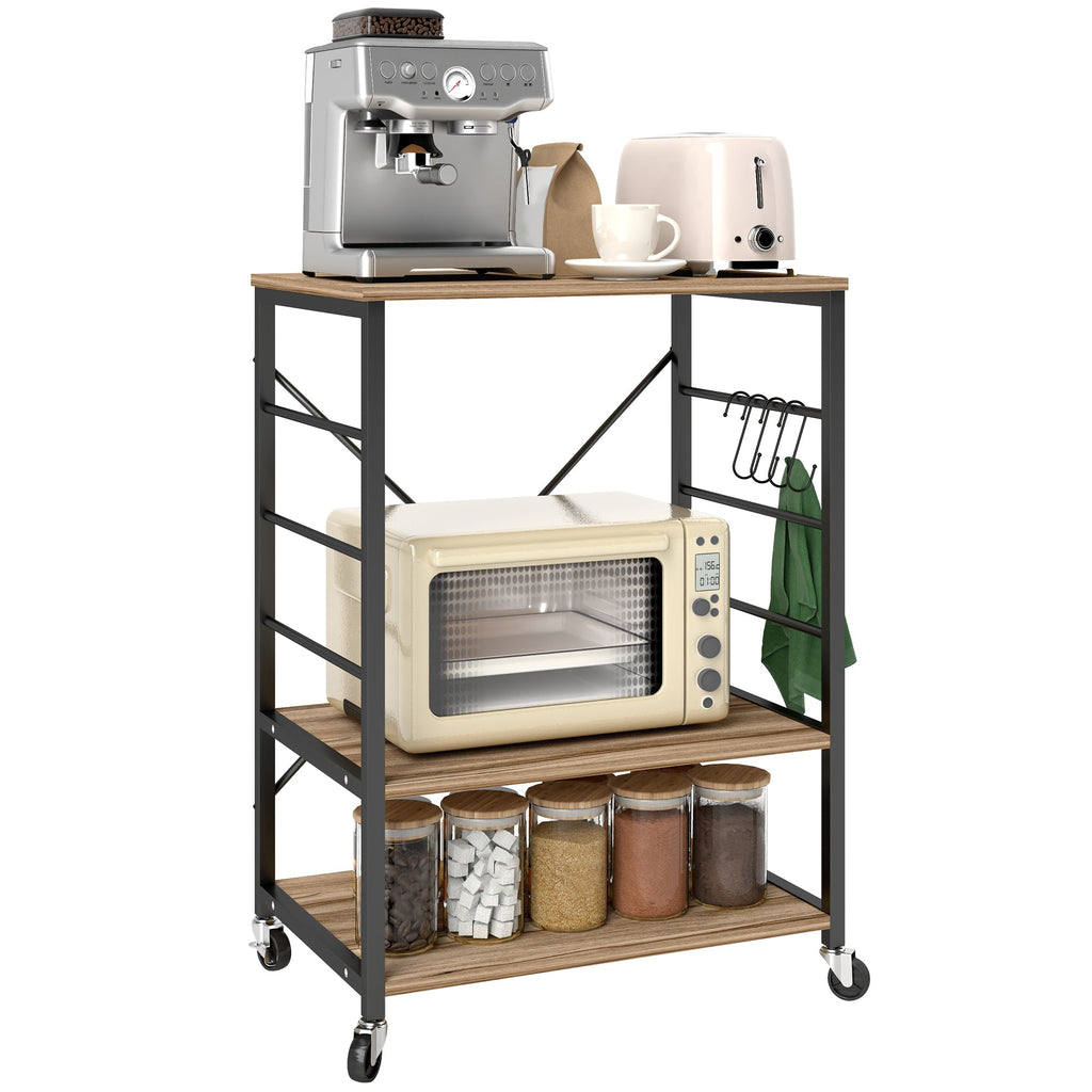 EasyComfort Scaffale da Cucina a 3 Livelli with Ruote e 4 Ganci, Industriale e Struttura in Acciaio,Telaio del carrellino, 60x40x84cm, Teak