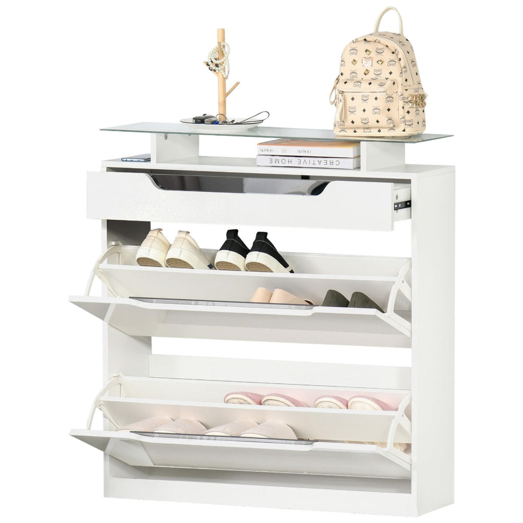 Easycomfort Scarpiera Moderna with 2 Cassetti per 16 Scarpe, Scarpiera a Ribalta with Mensola Regolabile e Ripiano in Vetro, 89x23x96cm, white Lucido