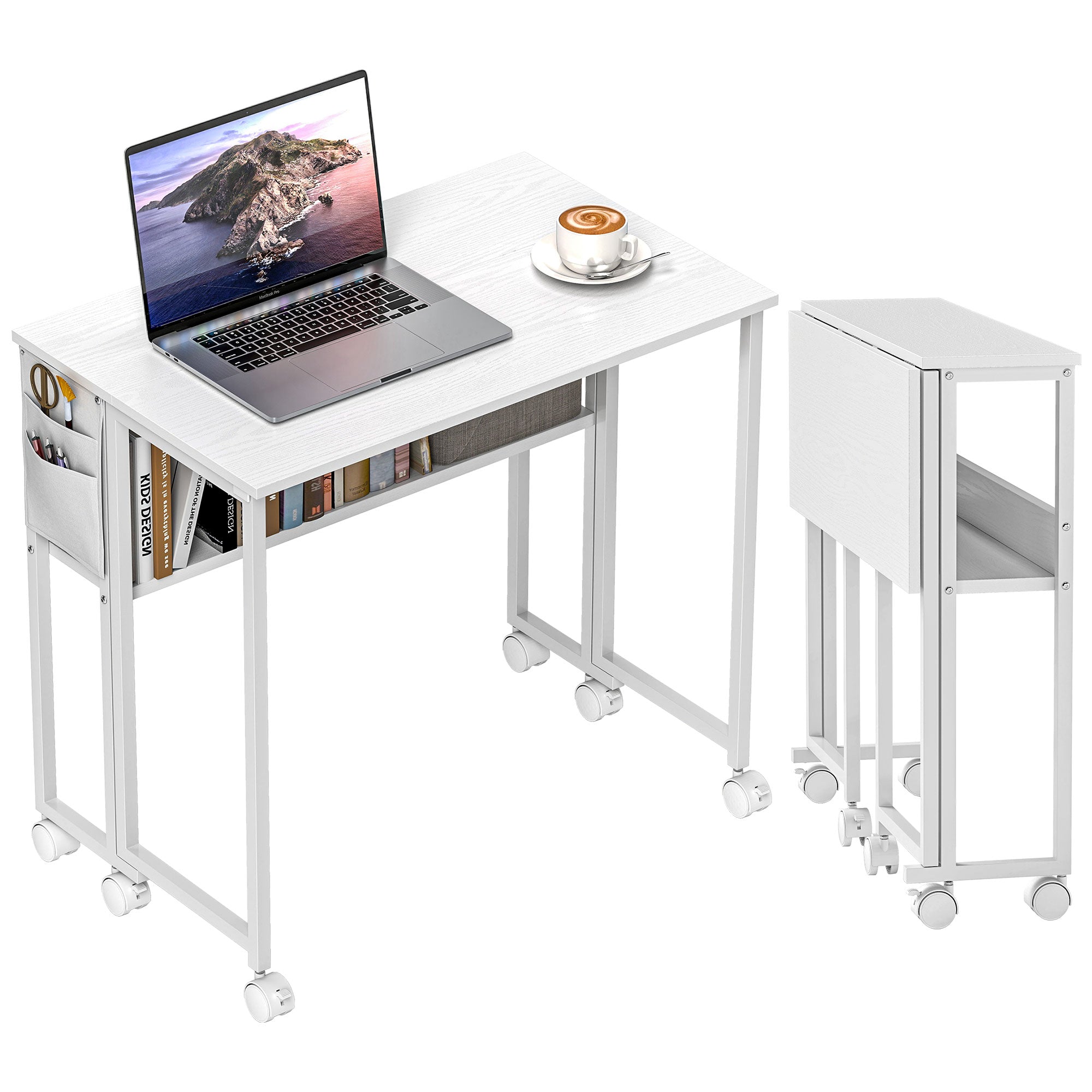EasyComfort inklapbaar bureau met plank en wielen, wit
