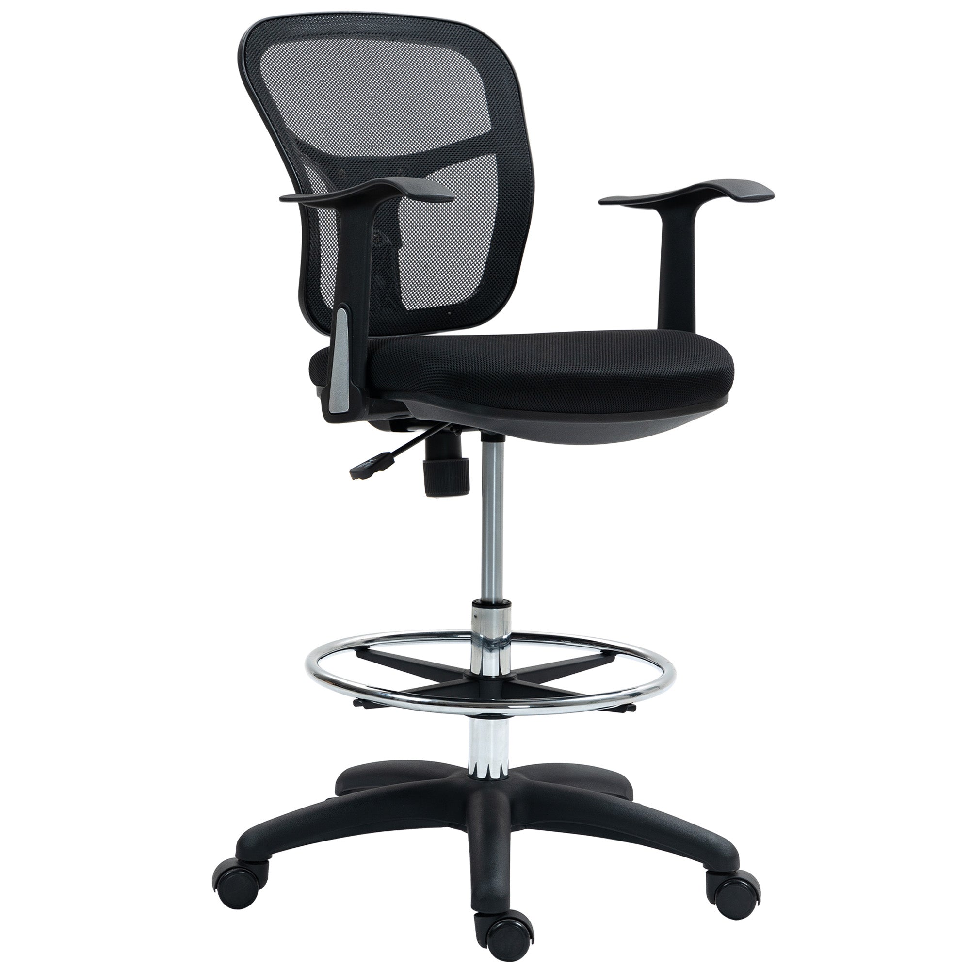 EasyComfort Sedia Girevole con Anello Poggiapiedi e Schienale Ricurvo, in Poliestere, Schiuma e Plastica, 55x58x94 cm, Nero