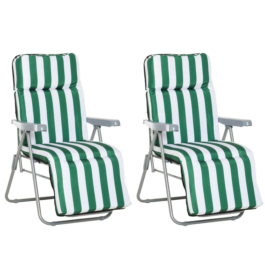EASYCOMFORT 2-Piece Folding and Reclining Beach Deck Chair, Garden Sun Loungers with Padded Cushion, Green and White