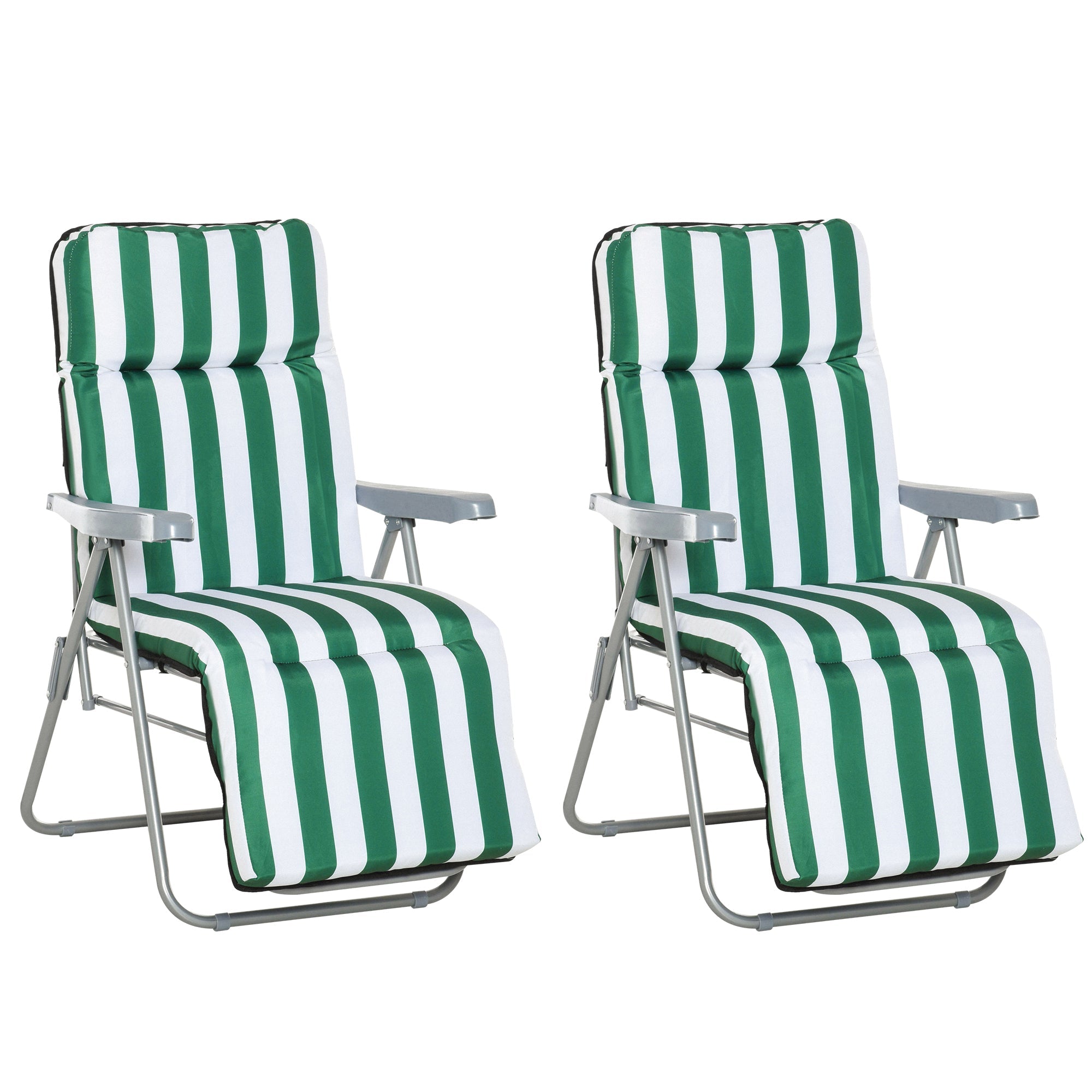 EASYCOMFORT 2-Piece Folding and Reclining Beach Deck Chair, Garden Sun Loungers with Padded Cushion, Green and White