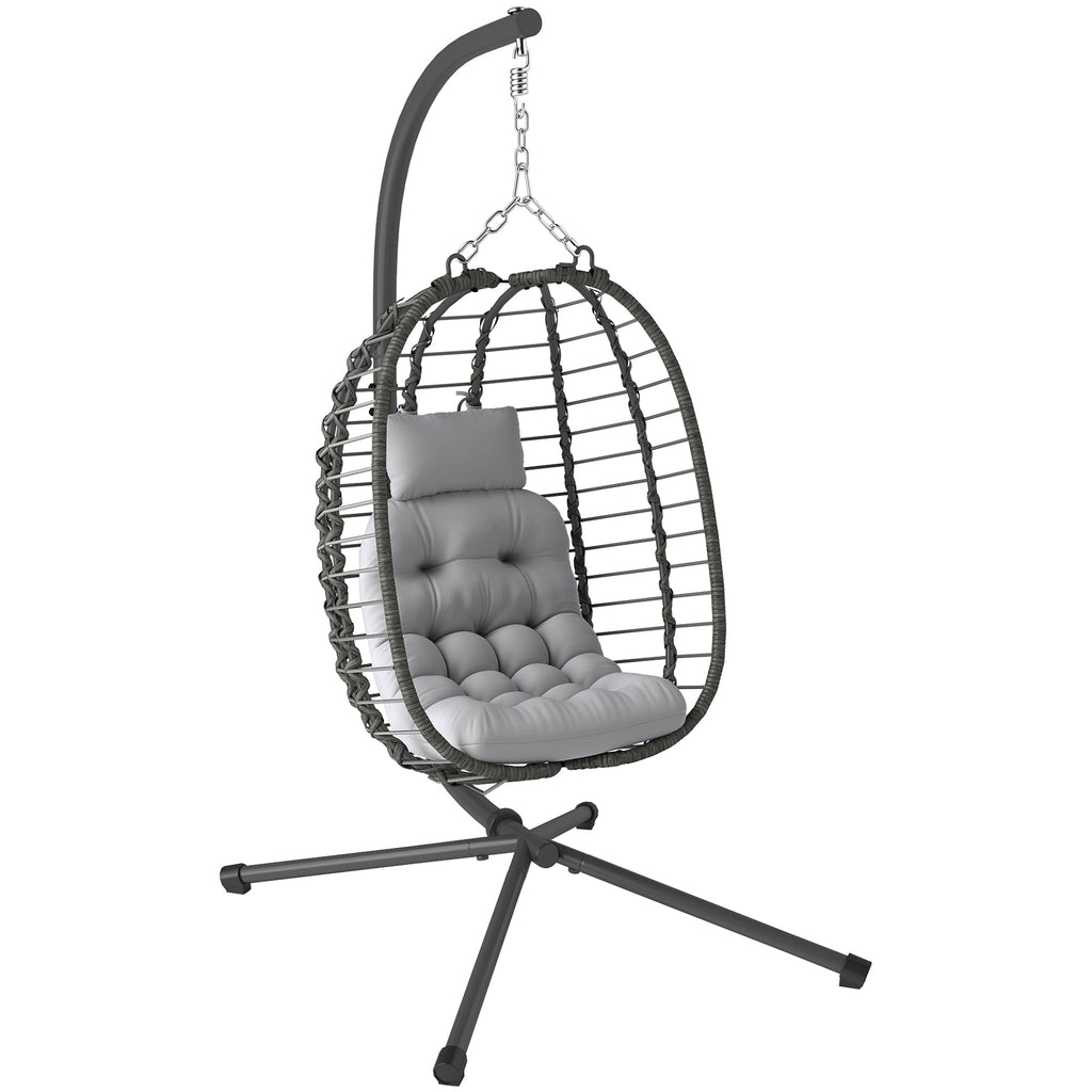 EasyComfort Sedia Sospesa in Rattan a Uovo con Cuscino e Poggiatesta, Altezza Regolabile e Seduta Richiudibile, Grigio
