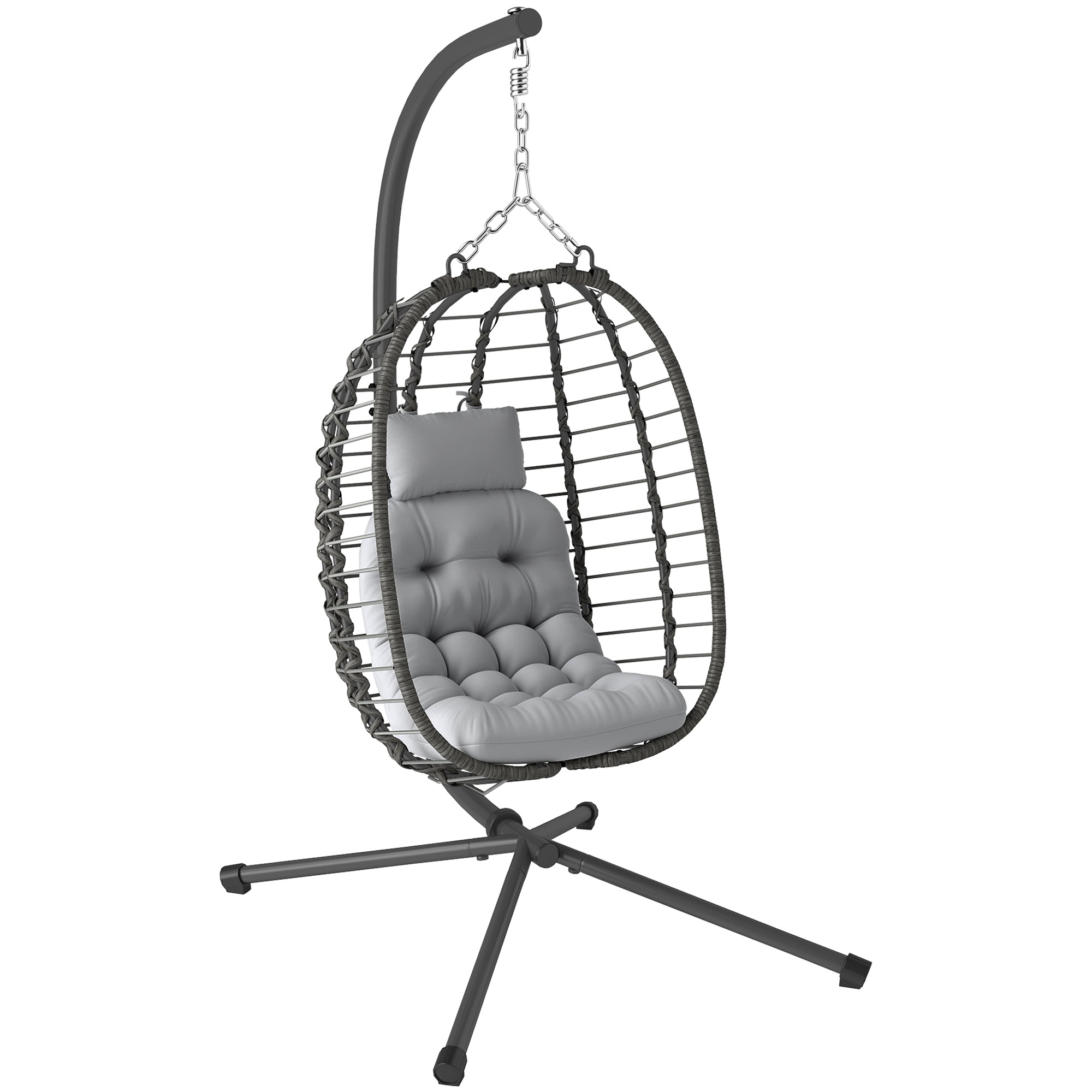 EasyComfort Sedia Sospesa in Rattan a Uovo con Cuscino e Poggiatesta, Altezza Regolabile e Seduta Richiudibile, Grigio