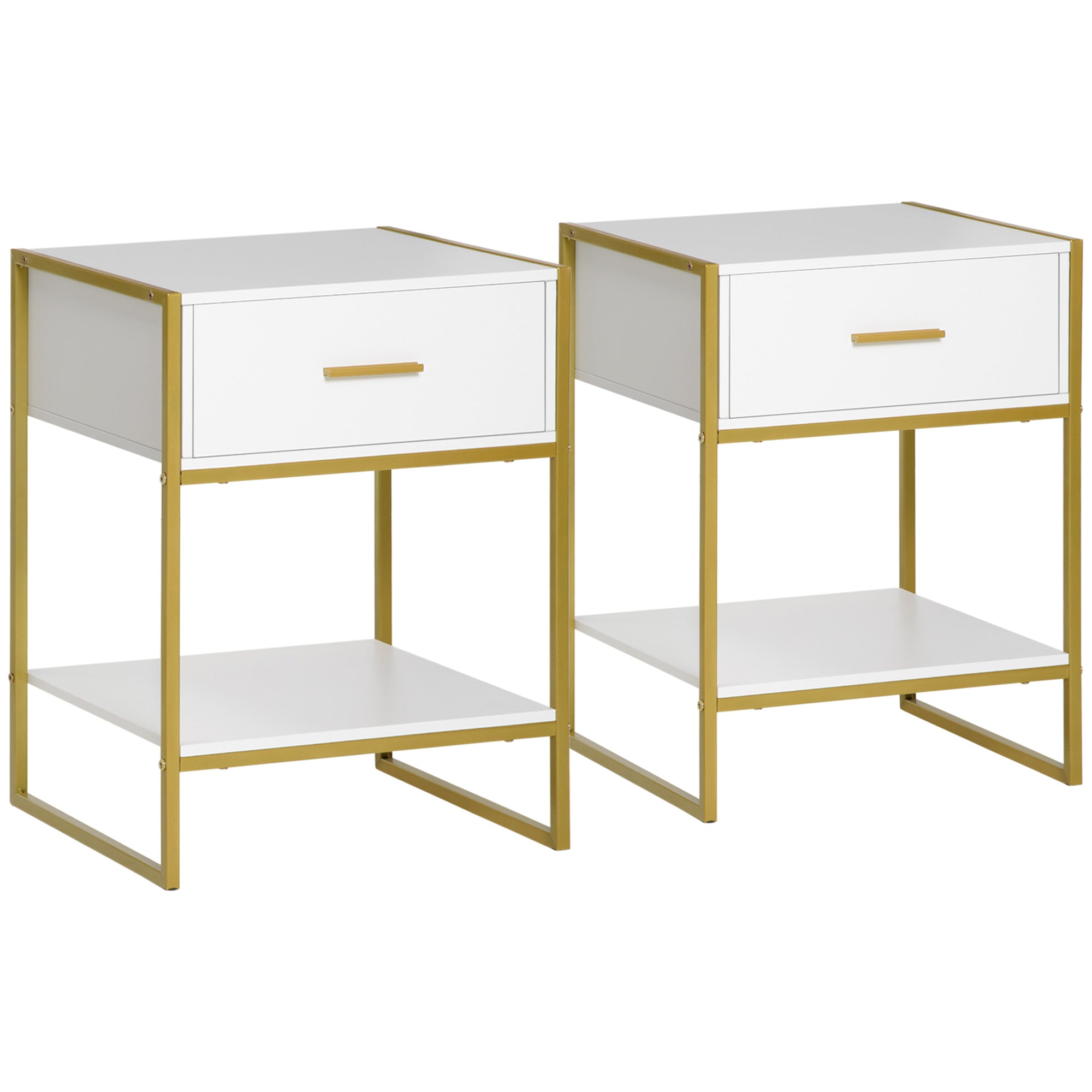 EasyComfort Set van 2 moderne nachtkastjes, wit/goud