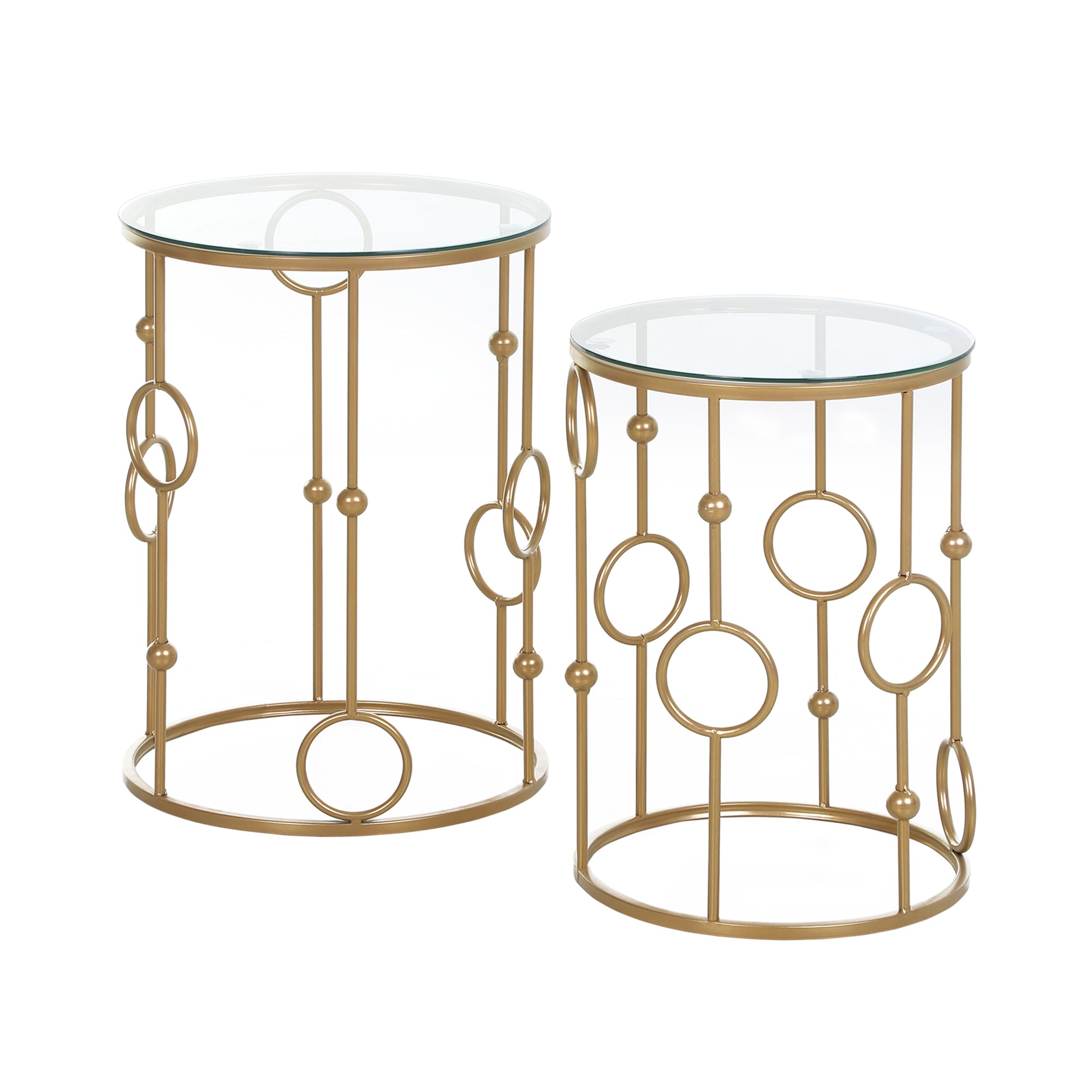 Easycomfort Set 2 Pezzi Tavolini da Caffè Design Elegante with Motivi a Cerchio, Metallo e Vetro Temperato Φ41x57cm & Φ36x51cm, Oro