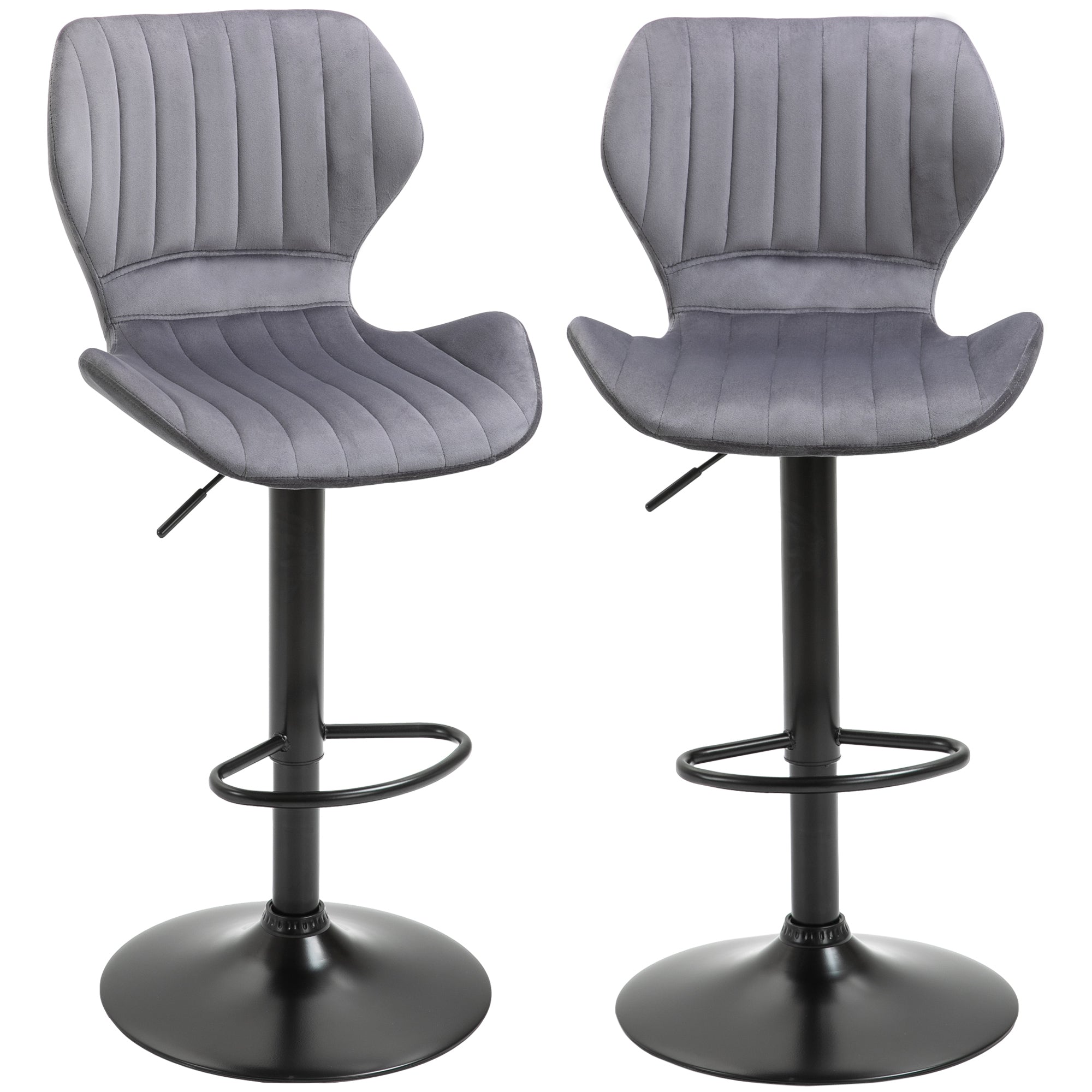 Easycomfort Set 2 Sgabelli da Bar ad Altezza Regolabile with Seduta Ergonomica e Poggiapiedi, Sgabelli Alti in Effetto Velluto e Metallo, 47x51.5x92-114 cm, Grigio