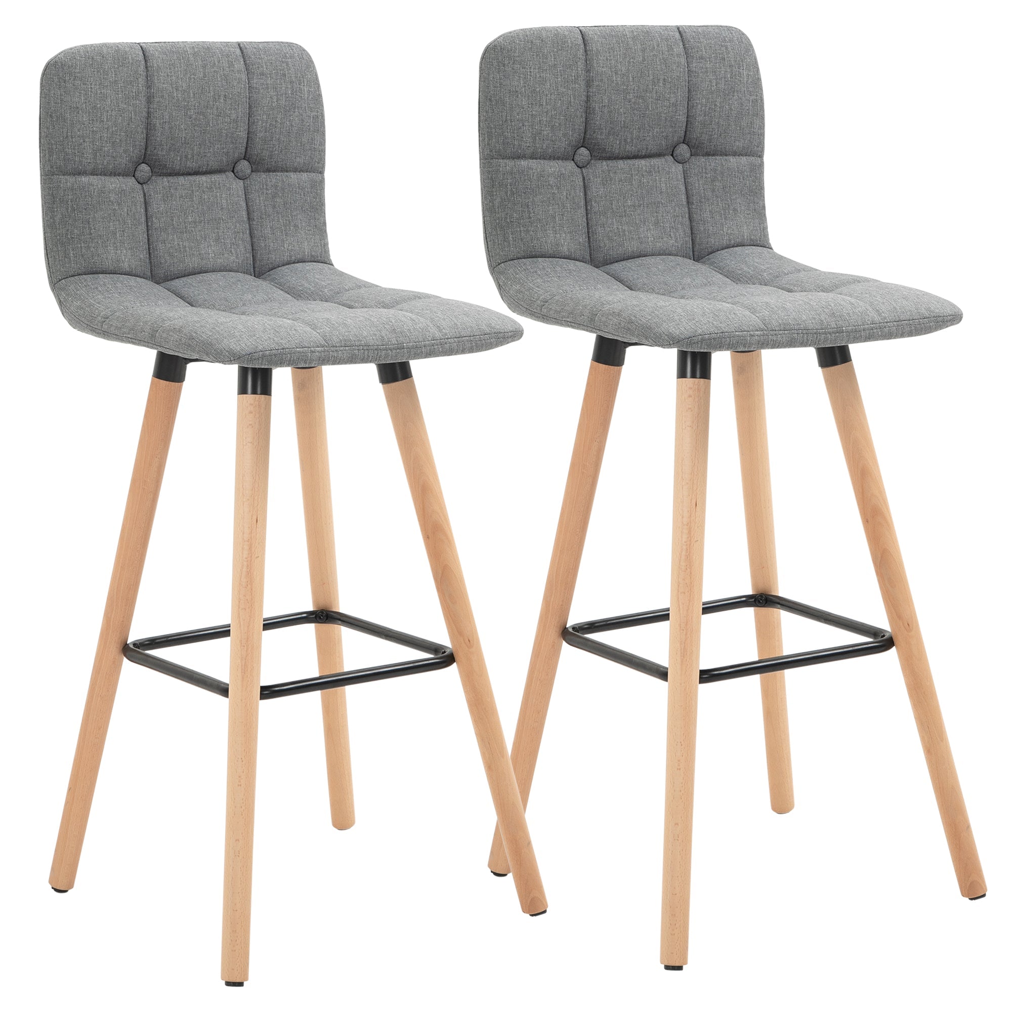 EasyComfort Set 2 Sgabelli Alti da Bar Moderno with Schienale e Poggiapiedi, Seduta Imbottita in Tessuto e Gambe in Legno, Grigio