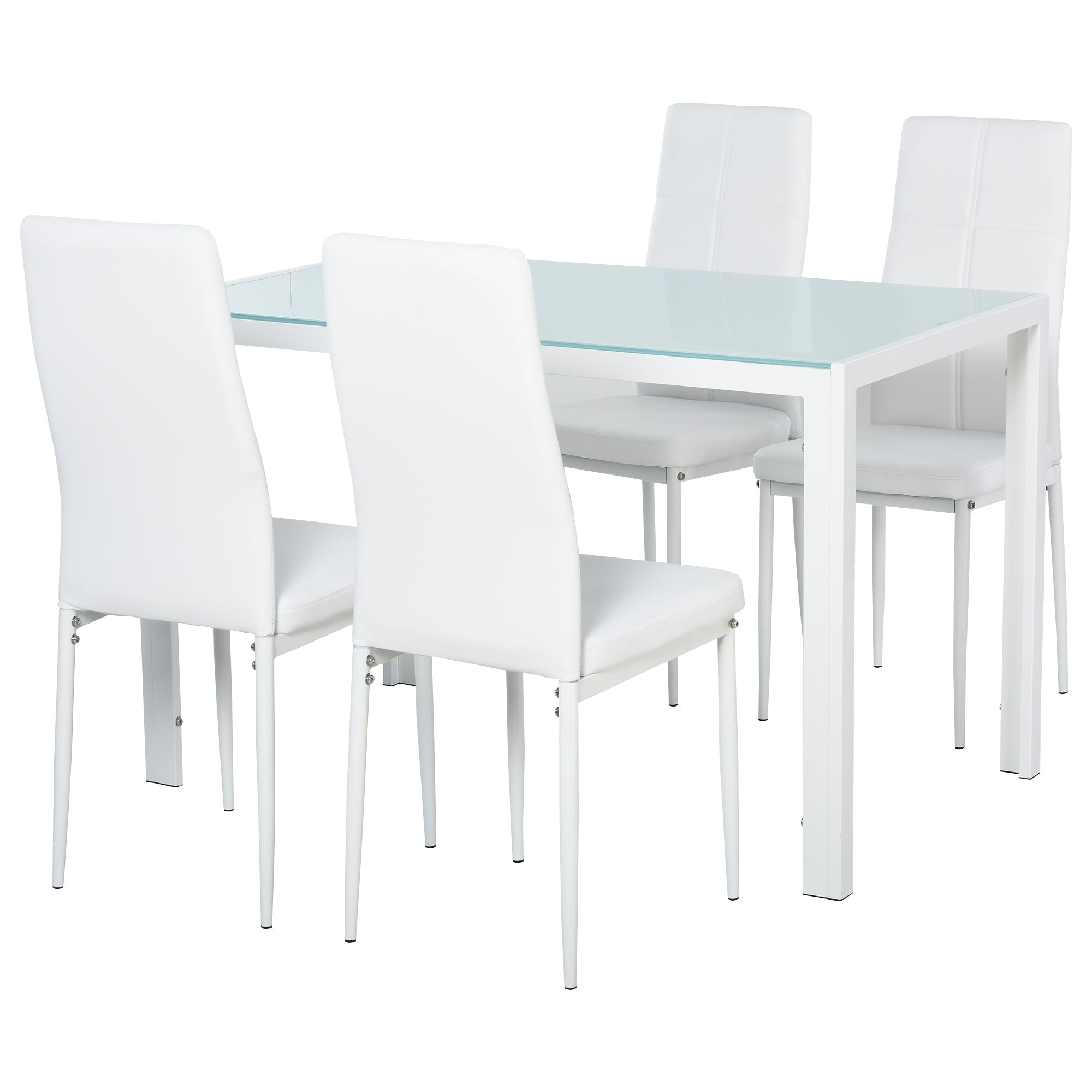 Easycomfort Set 5 Pezzi with 1 Tavolo e 4 Sedie per Cucina o Sala da Pranzo in Finta Pelle, Metallo e Vetro Temperato, white