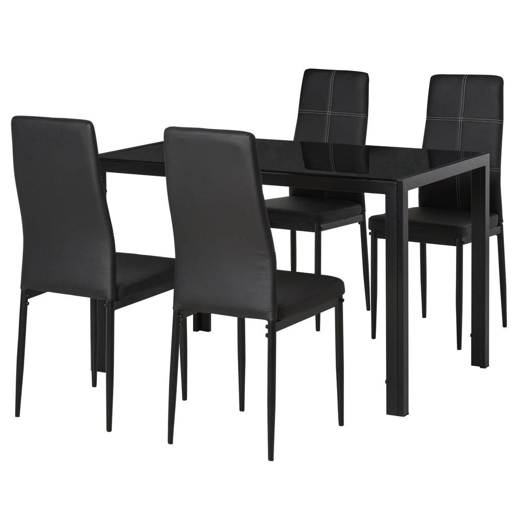 Easycomfort Set 5 Pezzi with 1 Tavolo e 4 Sedie per Cucina o Sala da Pranzo in Finta Pelle, Metallo e Vetro Temperato, black