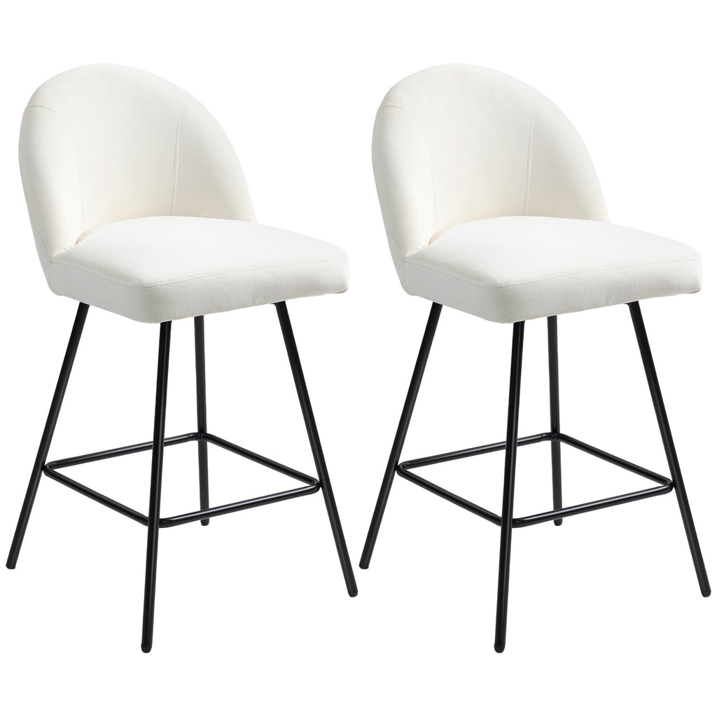 EasyComfort Set da 2 Sgabelli da Bar with Schienale in Velluto e Poggiapiedi in Acciaio, white Crema