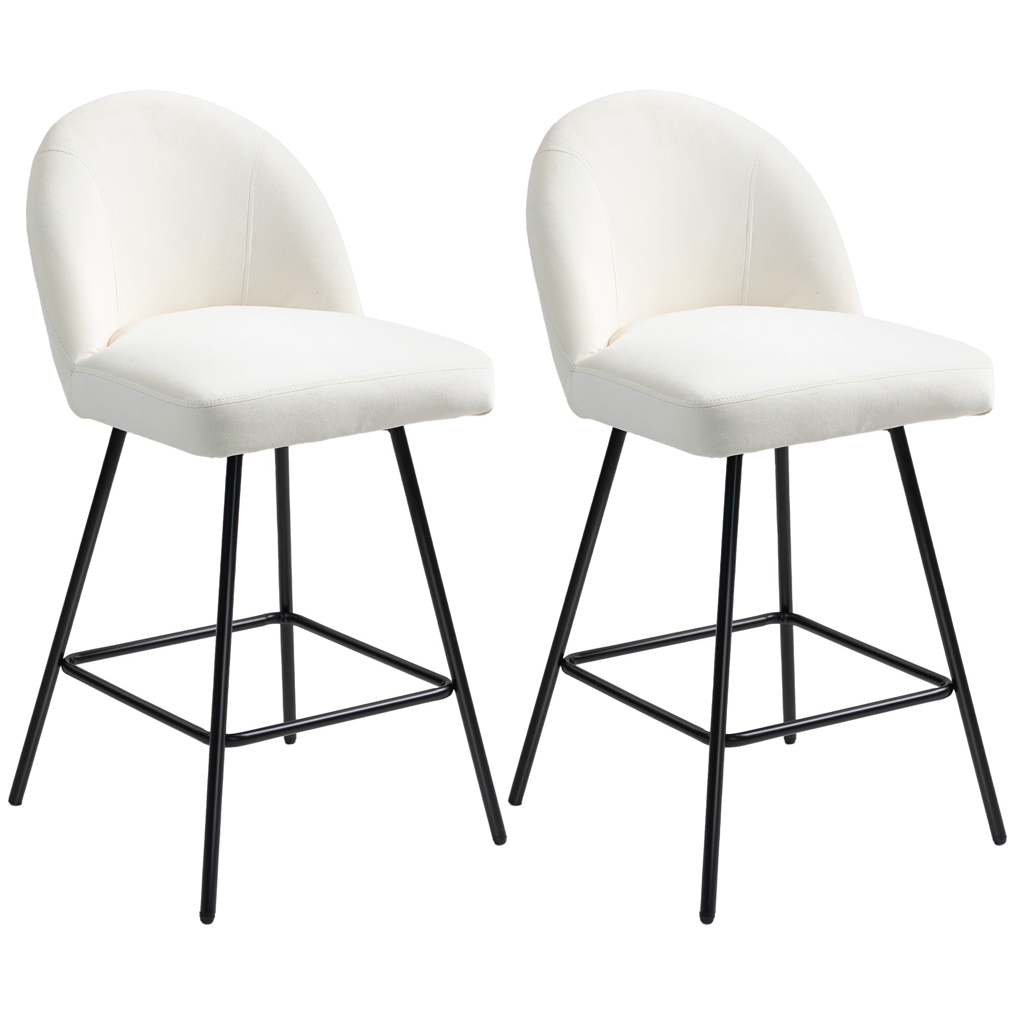 EasyComfort Set da 2 Sgabelli da Bar with Schienale in Velluto e Poggiapiedi in Acciaio, white Crema