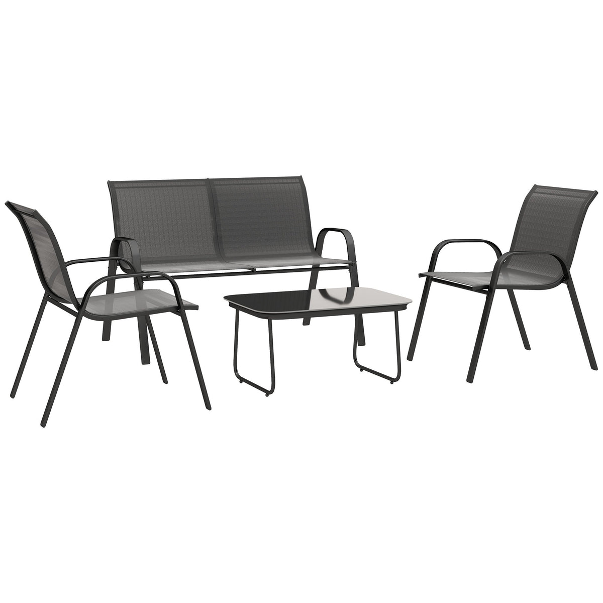 EasyComfort tuinset 2‑zitsbank met 2 stapelbare fauteuils en glazen tafel, zwart