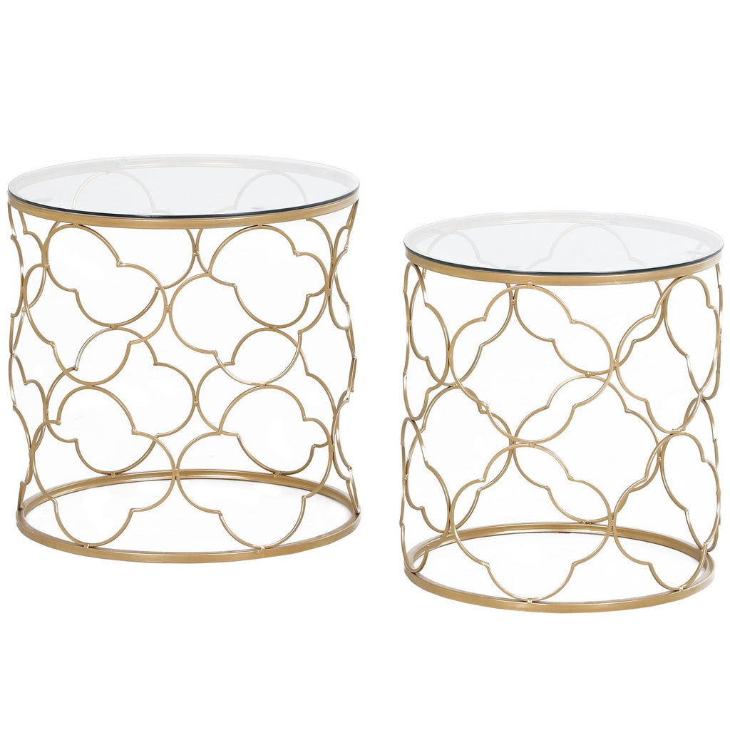 Easycomfort Set di 2 Tavolini da Salotto Impilabili Art Deco in Metallo with Piano in Vetro, Oro