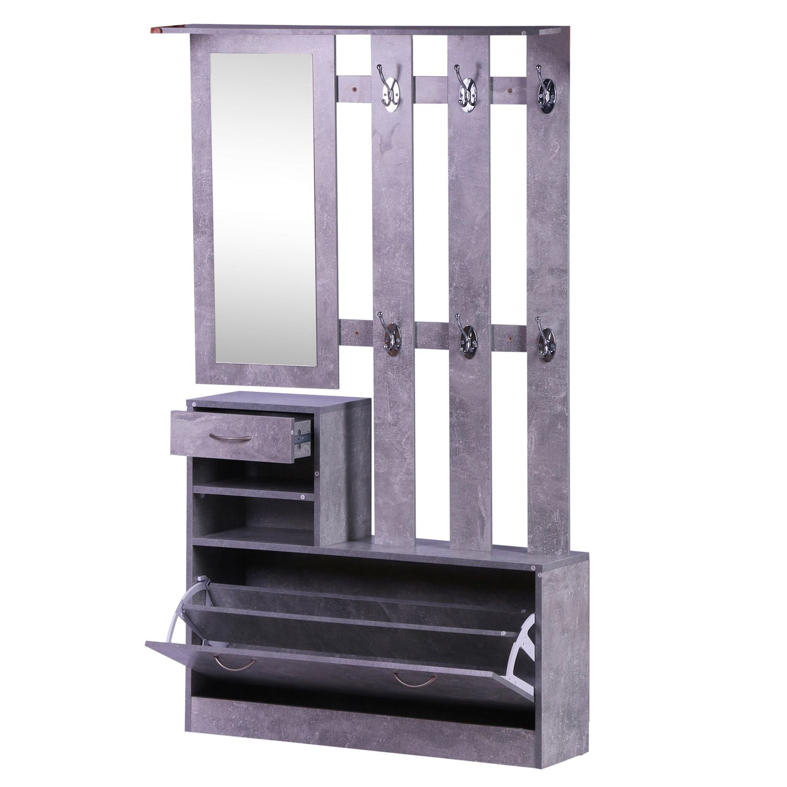 Easycomfort Set Mobili Ingresso Moderno with Scarpiera e Specchio, Appendiabiti da Ingresso with 6 Ganci, 2 Ripiani Regolabili e Cassetti in Legno per Corridoio, 90x24x177 cm, Grigio Cemento