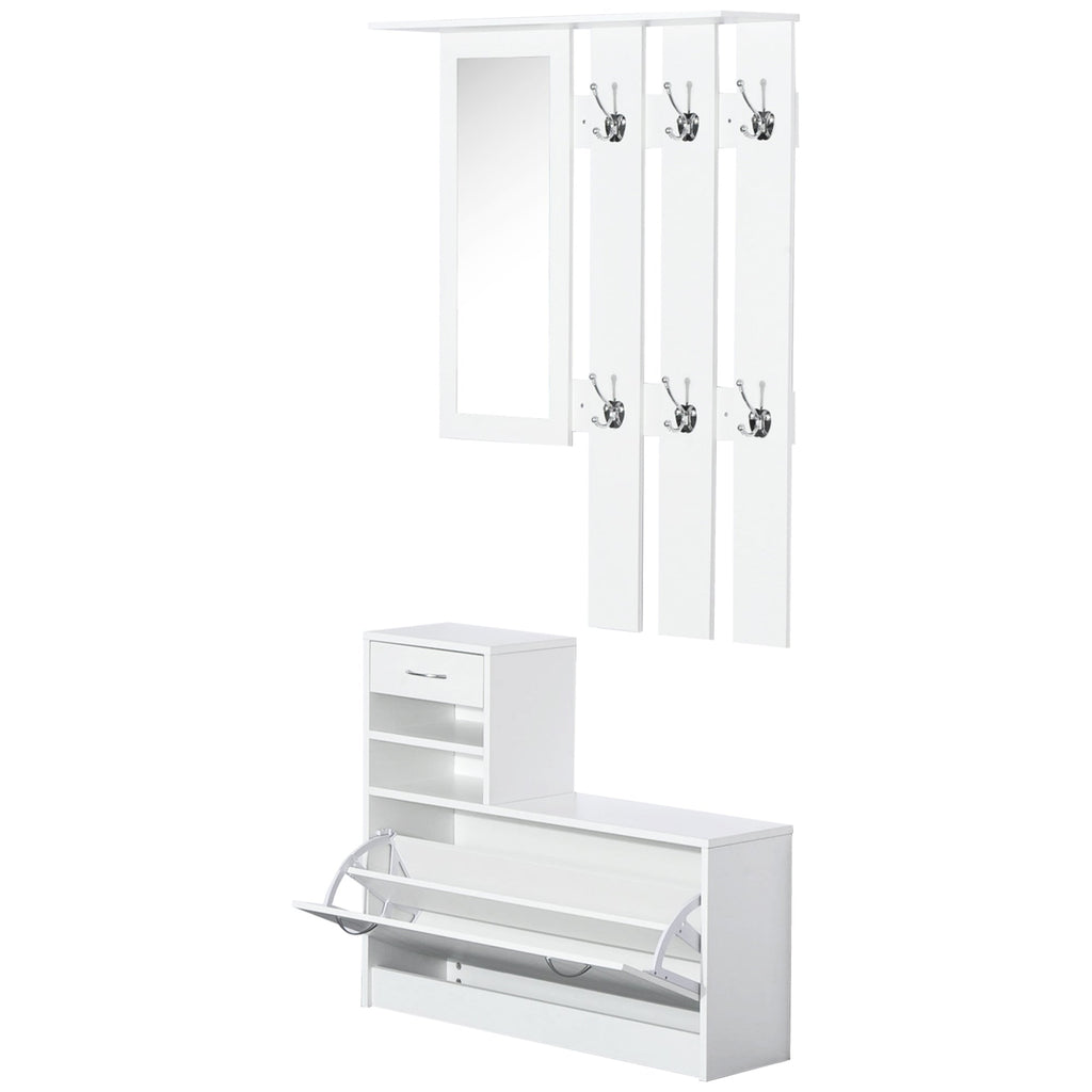 Easycomfort Set Mobili Ingresso Moderno with Scarpiera e Specchio, Appendiabiti da Ingresso with 6 Ganci, 2 Ripiani Regolabili e Cassetti in Legno per Corridoio, 90x24x177 cm, white