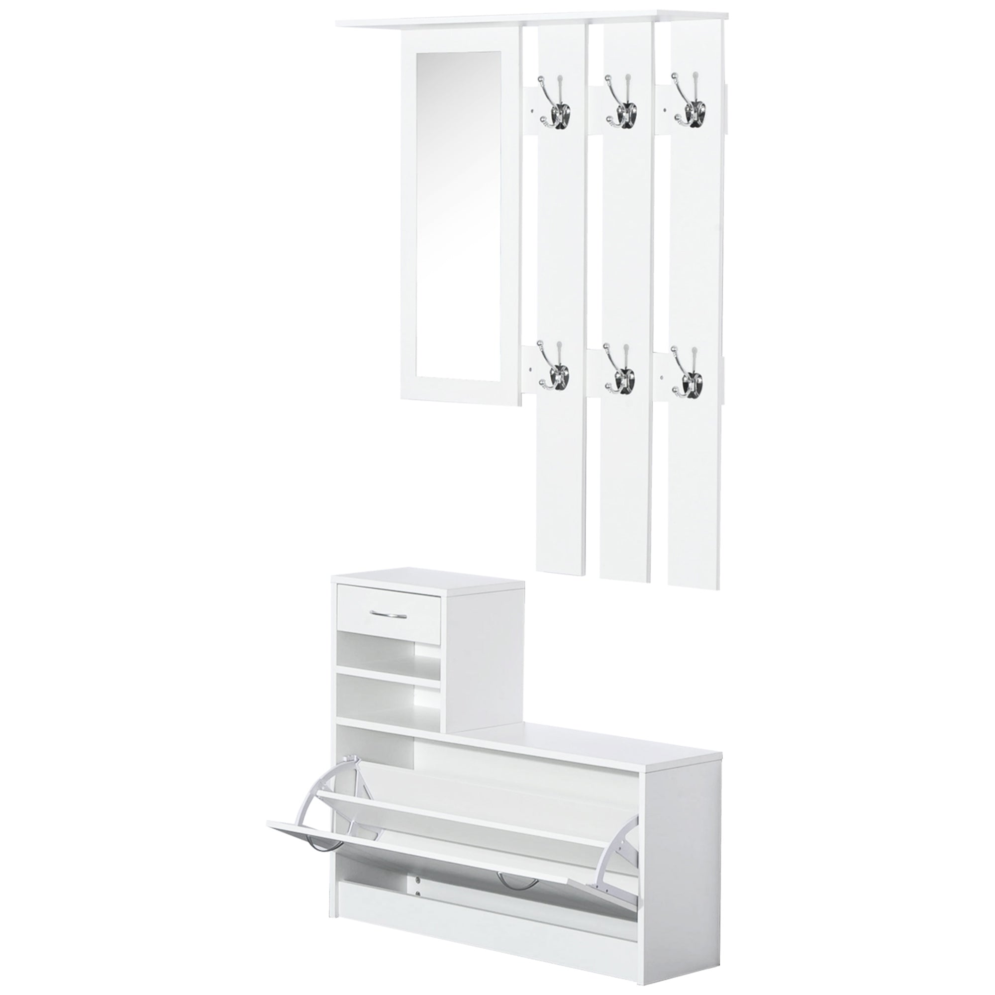 Easycomfort Set Mobili Ingresso Moderno with Scarpiera e Specchio, Appendiabiti da Ingresso with 6 Ganci, 2 Ripiani Regolabili e Cassetti in Legno per Corridoio, 90x24x177 cm, white
