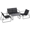 EASYCOMFORT Set of Coffee Table with Bench and 2 Garden Chairs, Outdoor Furniture in Metal and Textilene, Black