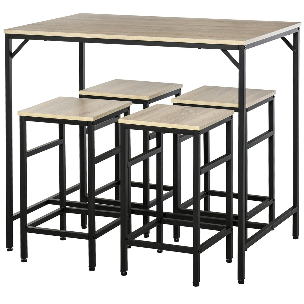 Easycomfort Set Tavolo Alto with 4 Sgabelli Stile Industriale in Metallo e Legno, Rovere Chiaro