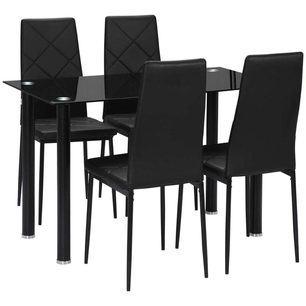 EasyComfort Set Tavolo da Pranzo with 4 Sedie, Piano in Vetro e Sedie Imbottite in Finta Pelle, black