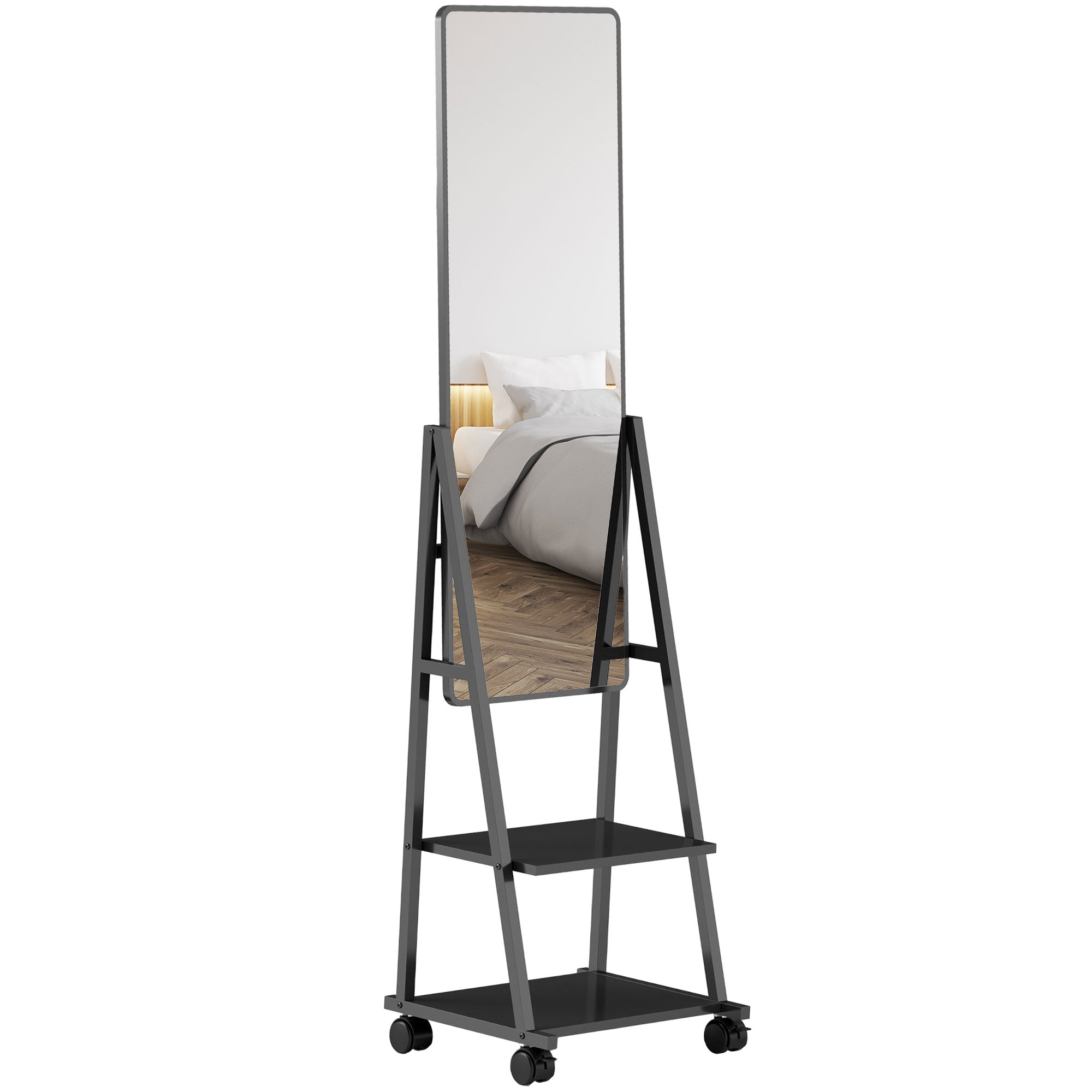 EasyComfort staande spiegel met 2 planken en 4 wielen