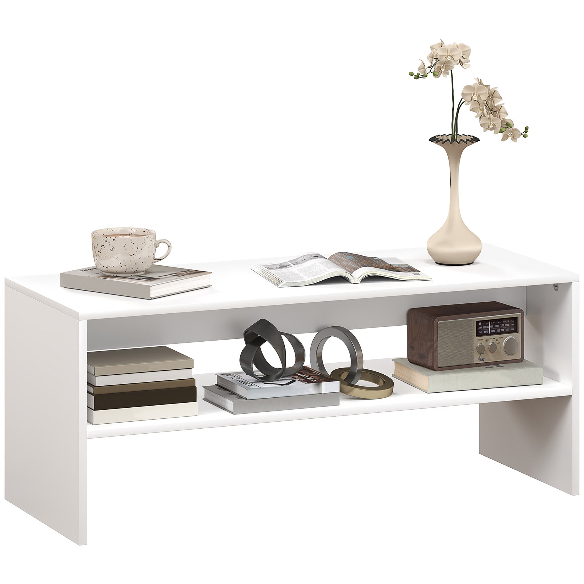 EasyComfort Tavolino da Caffè Moderno in Legno a 2 Livelli with Ripiano Aperto, 100x40x41.5 cm, white