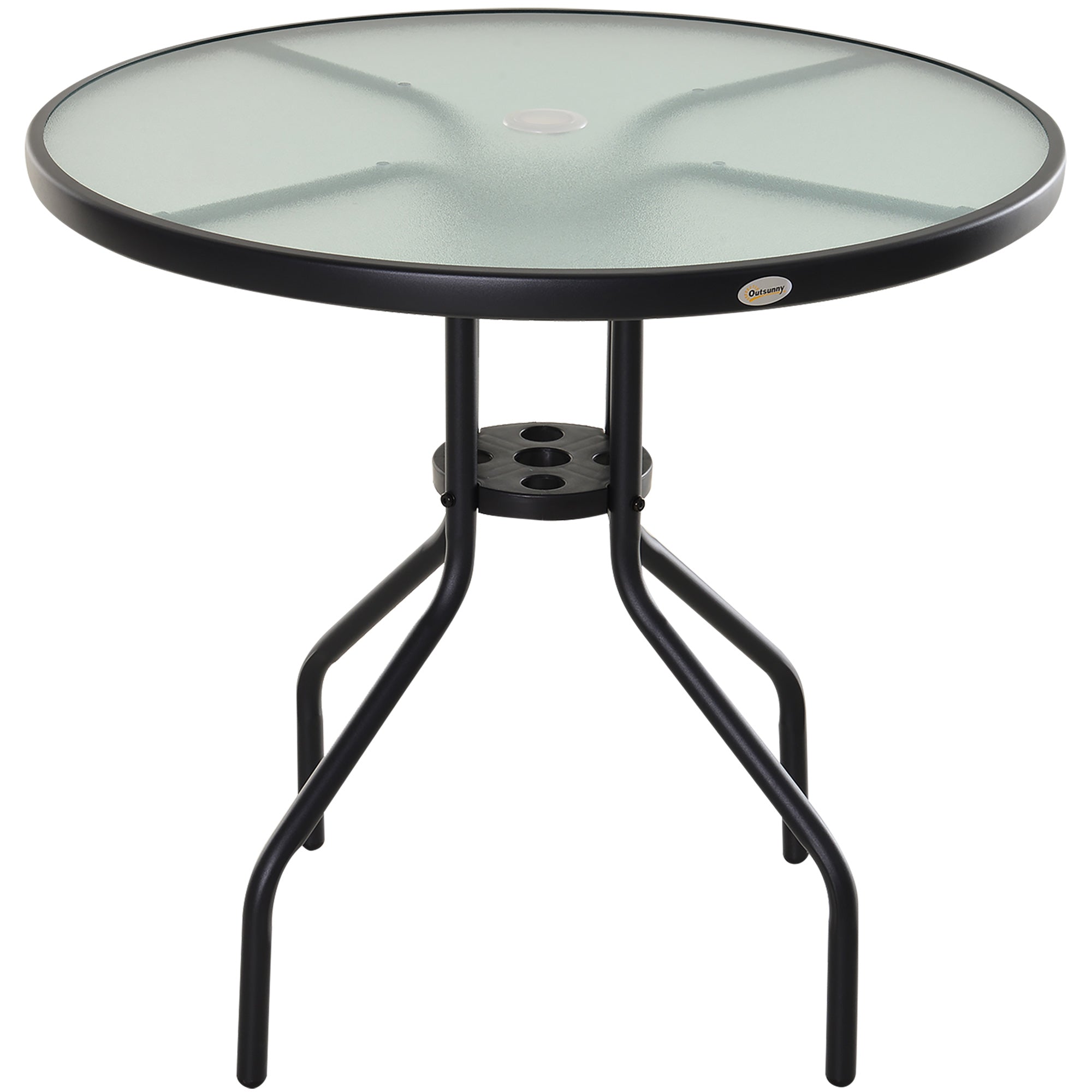 Easycomfort Tavolino da Giardino with Piano in Vetro Temperato e Foro per Ombrellone Acciaio Ф80 x 72 cm black