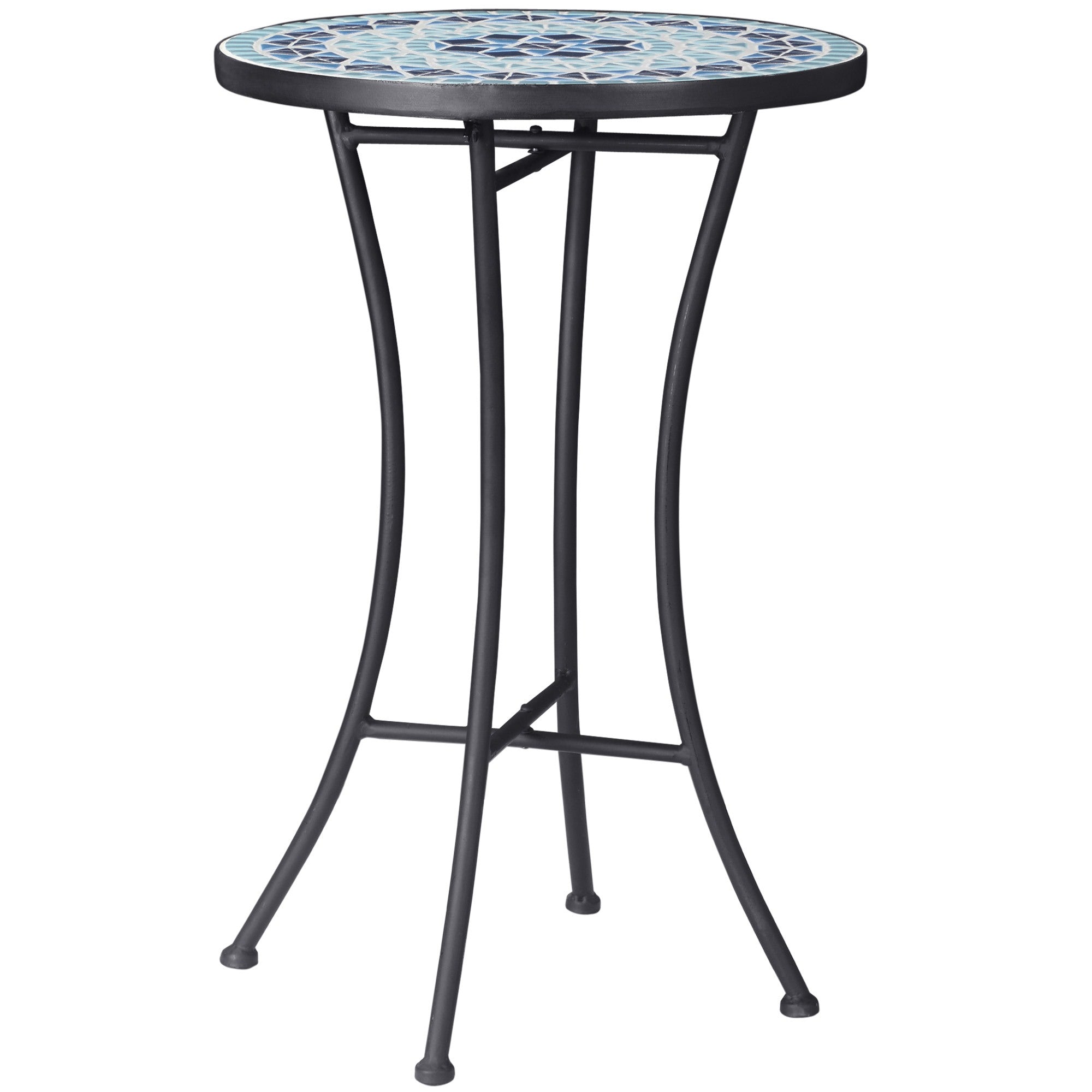EASYCOMFORT Round Mosaic Garden Coffee Table in Metal with Ceramic Top, Ф35.5x53.5cm, Blue
