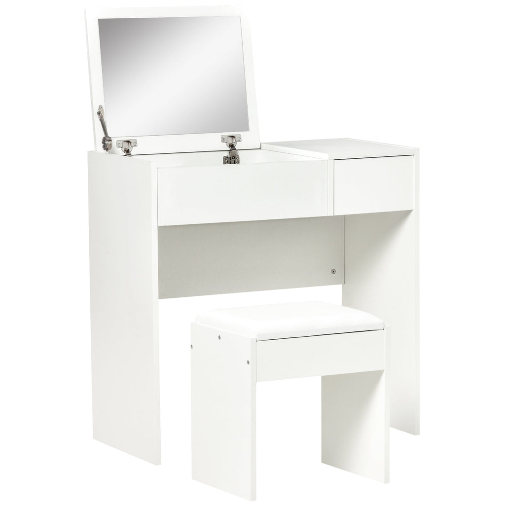 Easycomfort Tavolo da Trucco with Specchio Richiudibile, Tavolo da Trucco Moderno, with Sgabello, Vano Contenitore (4 Scomparti), MDF white, 80x40x79 cm