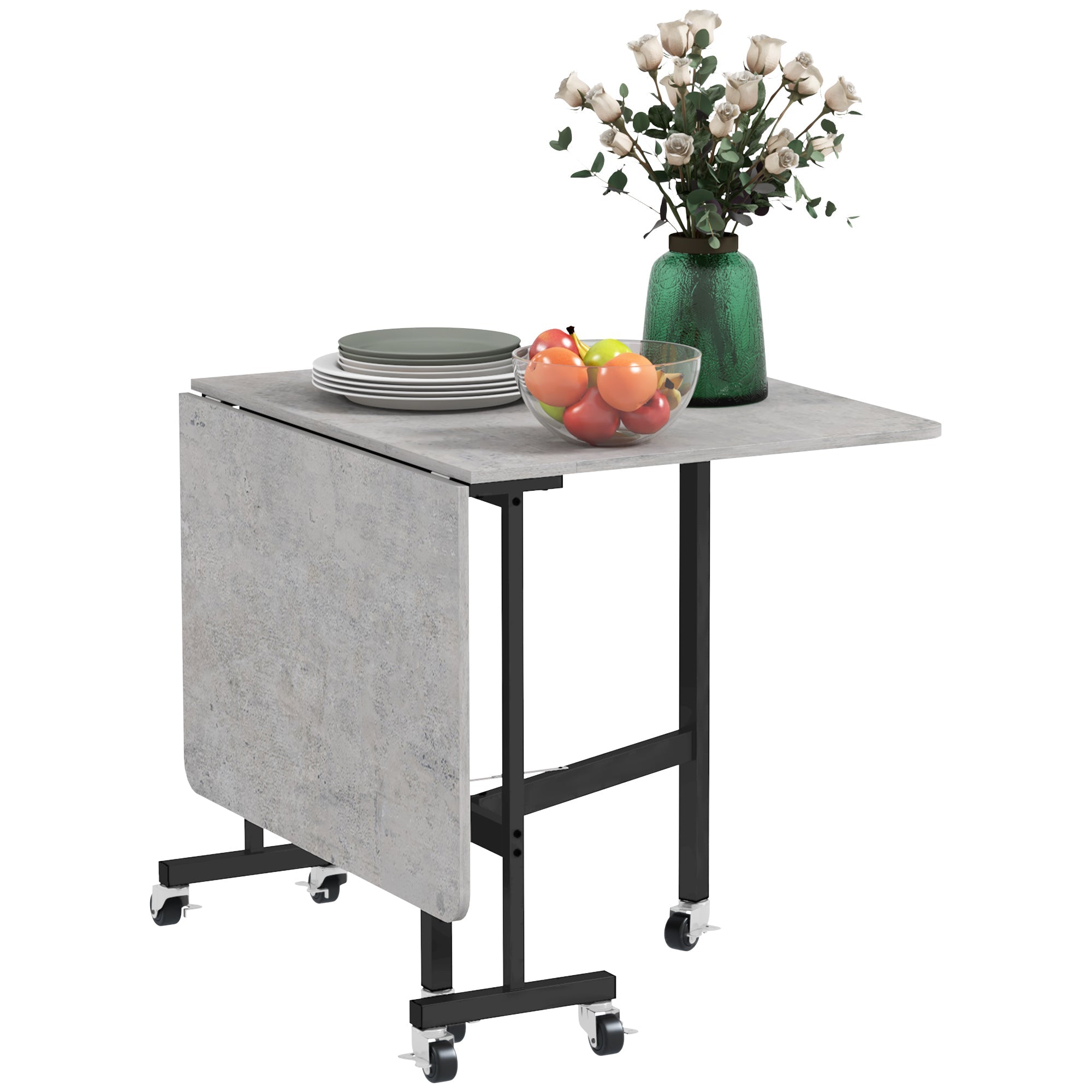 EasyComfort Tavolo Pieghevole a Ribalta per 4-6 Persone with 6 Rotelle, in Legno e Acciaio, 120x80x73 cm, Grigio