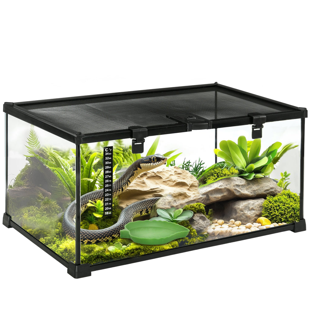 EasyComfort Terrario per Rettili Rialzato with Serratura e Termometro, in Vetro e Rete Metallica, 50x30x25 cm, black