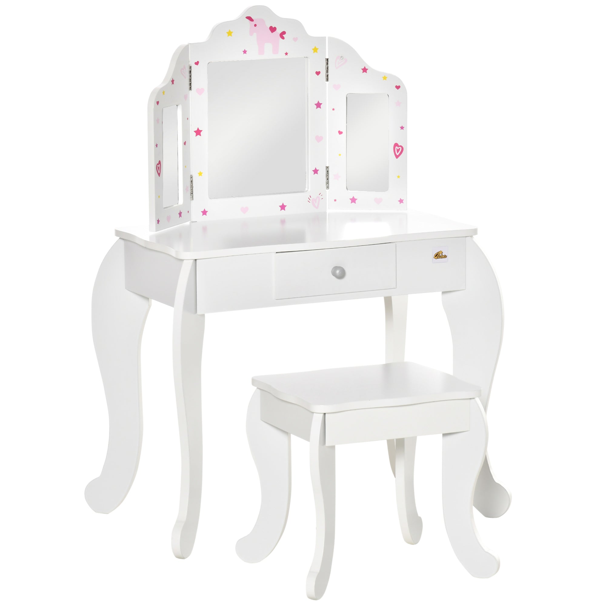 Easycomfort Toeletta per Bambini with Sgabello, Tavolo Trucco with Triplo Specchio e Cassetto, 63x40x85.5cm, white