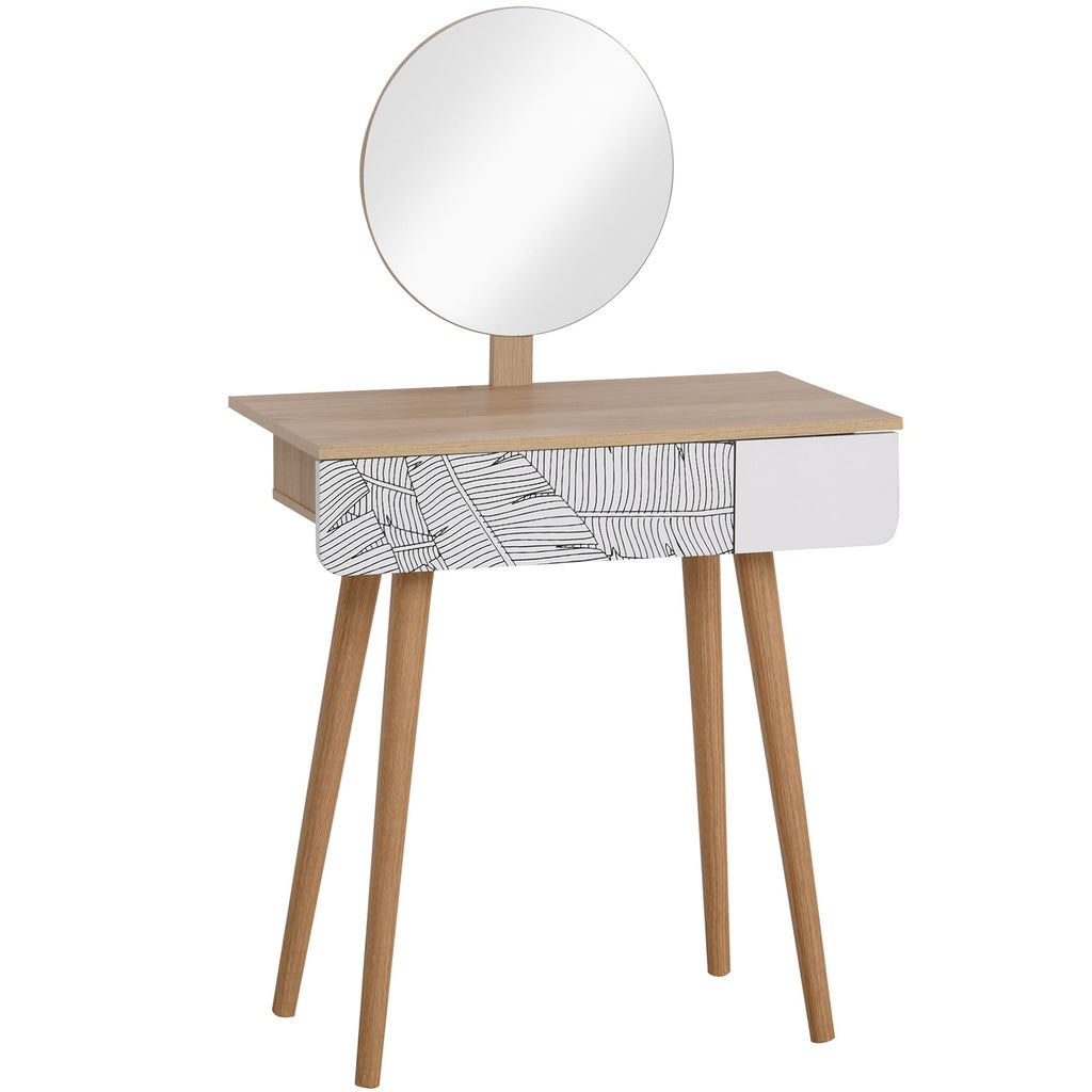 Easycomfort Toeletta Tavolo da Trucco with Specchio Circolare Ф39cm, Consolle Trucco with Cassetto with Decorazione Jungle, white e Rovere, 70x39x119-128cm