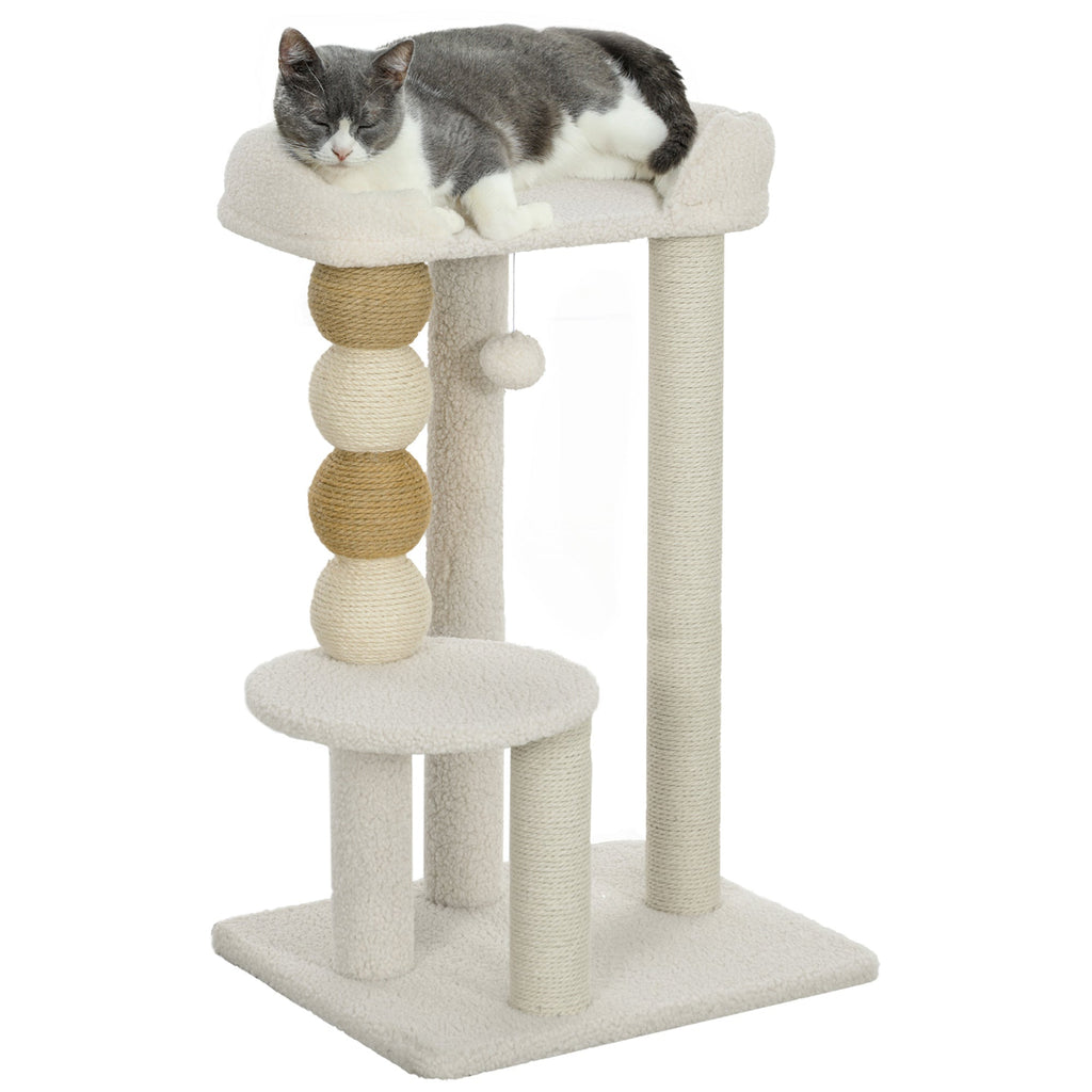 EasyComfort Torre per Gatti con Lettino, Piattaforma e Pallina Giocattolo, in Legno, Peluche e Iuta, 48.5x40x76 cm, Beige