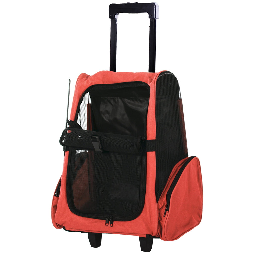 EASYCOMFORT 2 in 1 Backpack Carrier for Dogs and Cats with Side Pockets, Telescopic Handle and Wheels, 42x25x55cm, Red