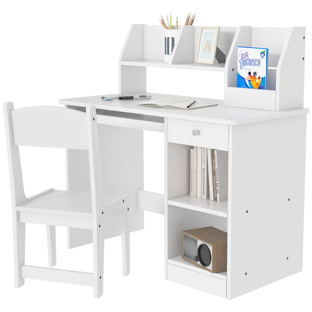 EasycomfortZONEKIZ Banco Scuola e Sedia per Bambini da 5-8 Anni with Scaffale e Mensola Estraibile in Legno white