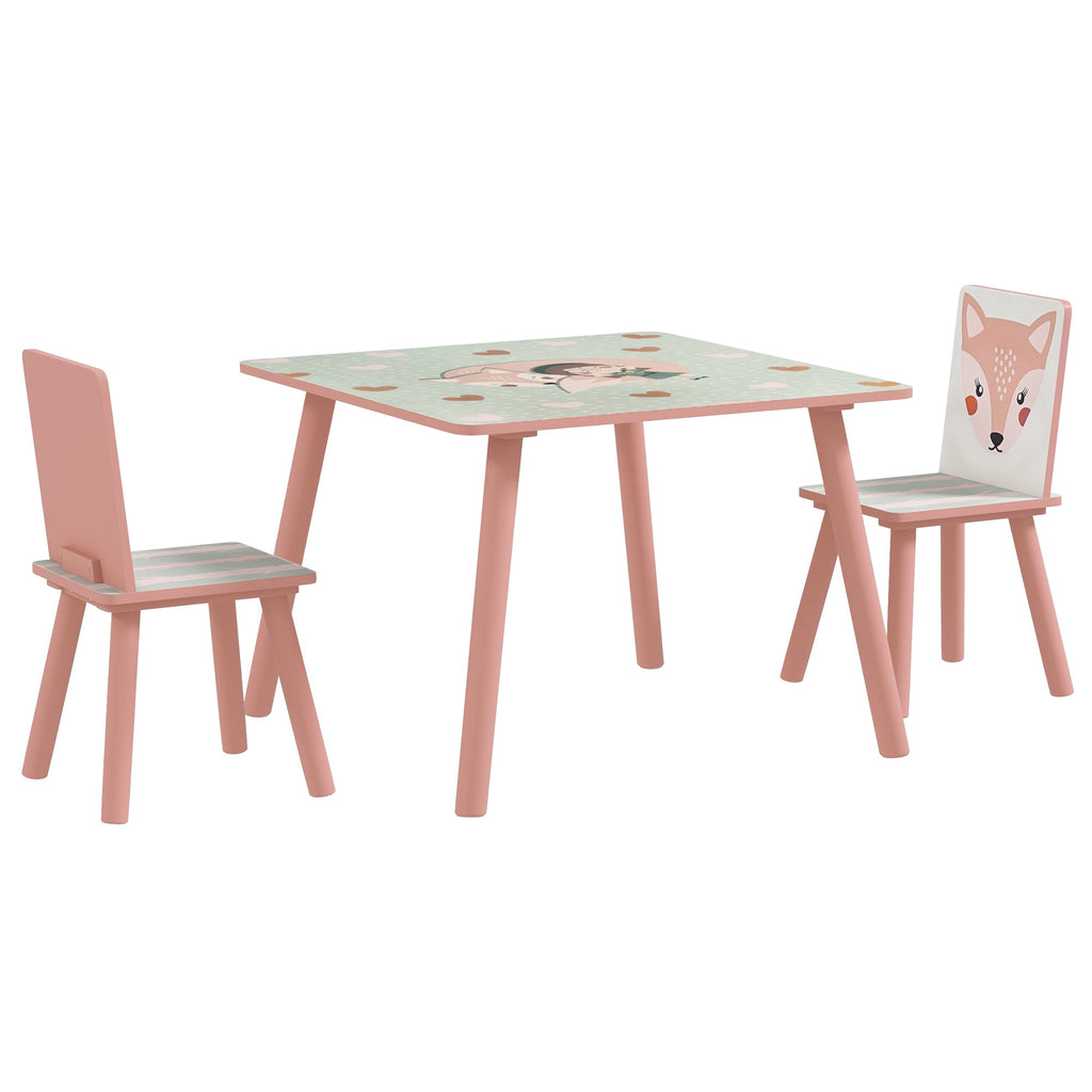 EasycomfortZONEKIZ Set Tavolo e Sedie 3 Pezzi per Bambini 3-8 Anni in MDF e Legno di Pino with Disegni di Animali, Rosa
