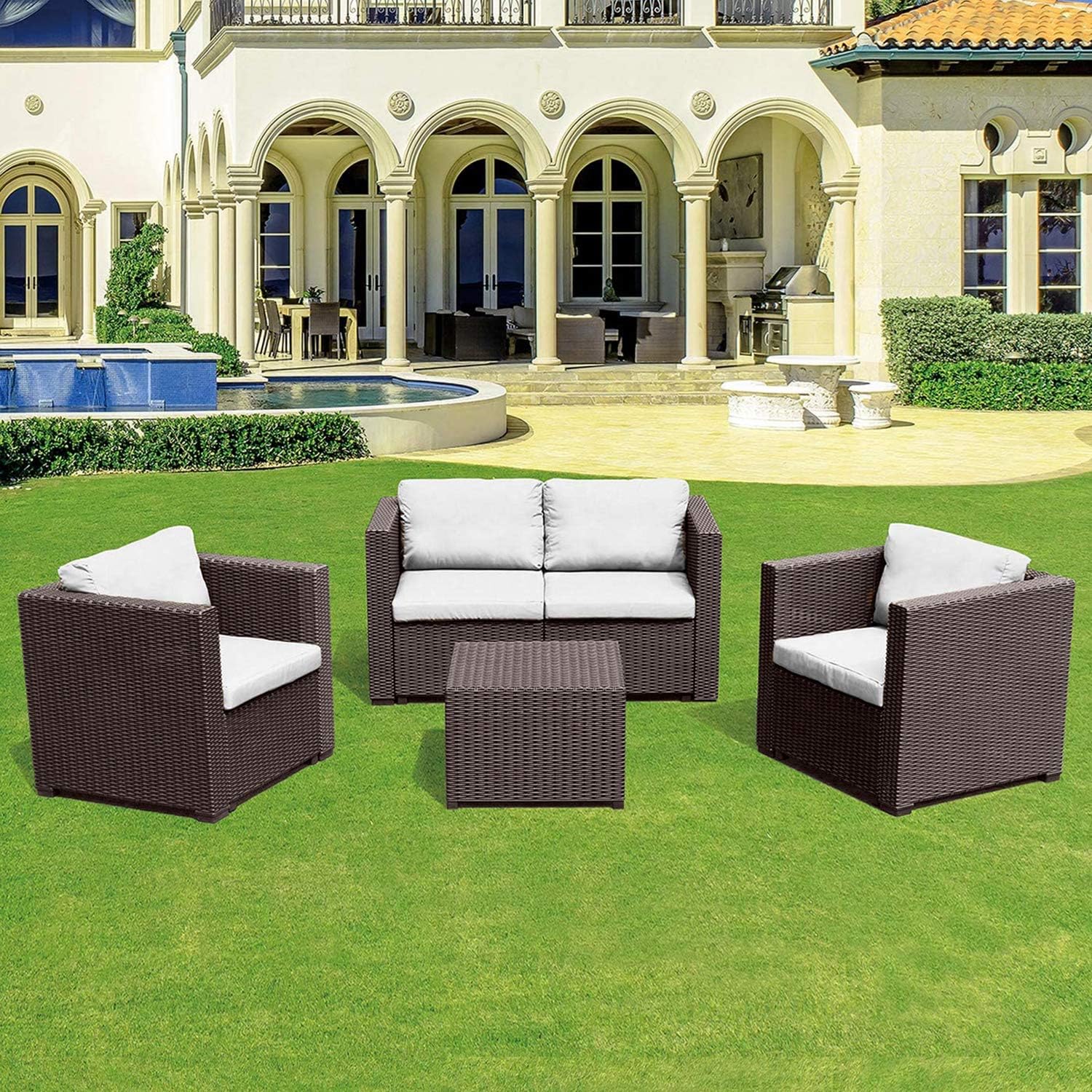Le Stelle Set Salotto da Giardino in Polyrattan with Divano, Poltrone Tavolino e Cuscini Colore Marrone