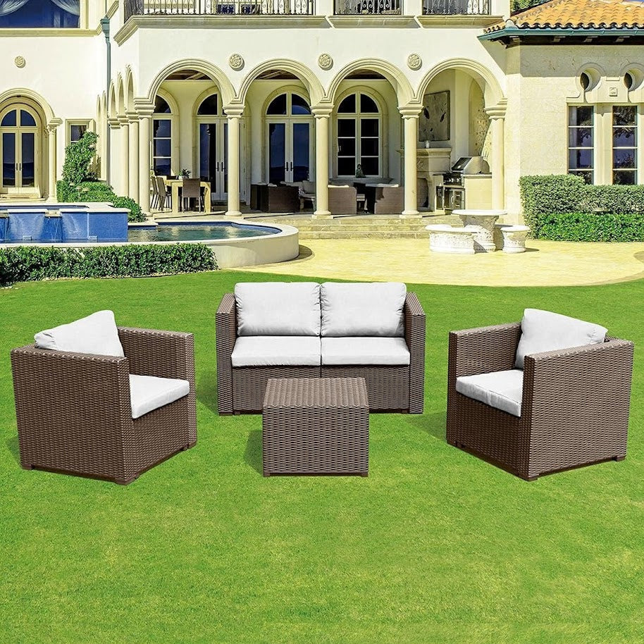 Le Stelle Set Salotto da Giardino in Polyrattan with Divano, Poltrone Tavolino e Cuscini Colore Moka
