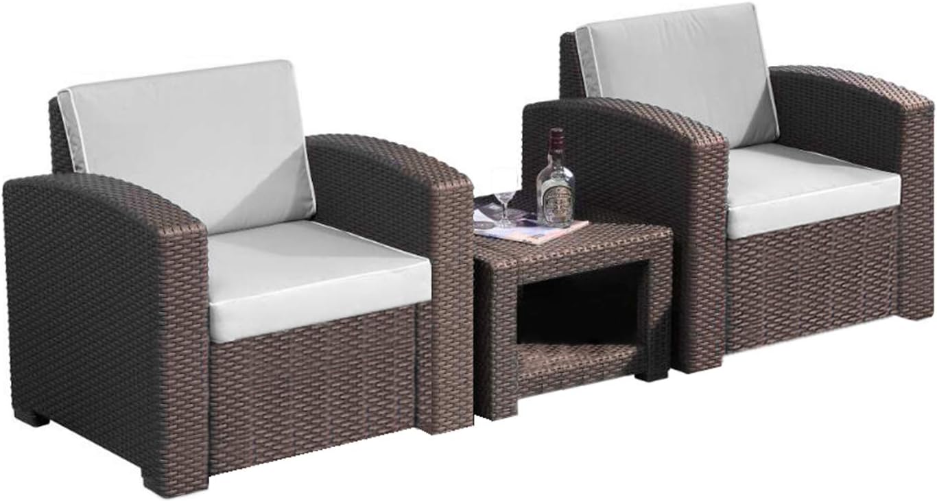 Le Stelle Set Salotto da Giardino in Polyrattan da 3 Pezzi, 2 Poltrone da Esterno, Tavolino e Cuscini Cioccolato