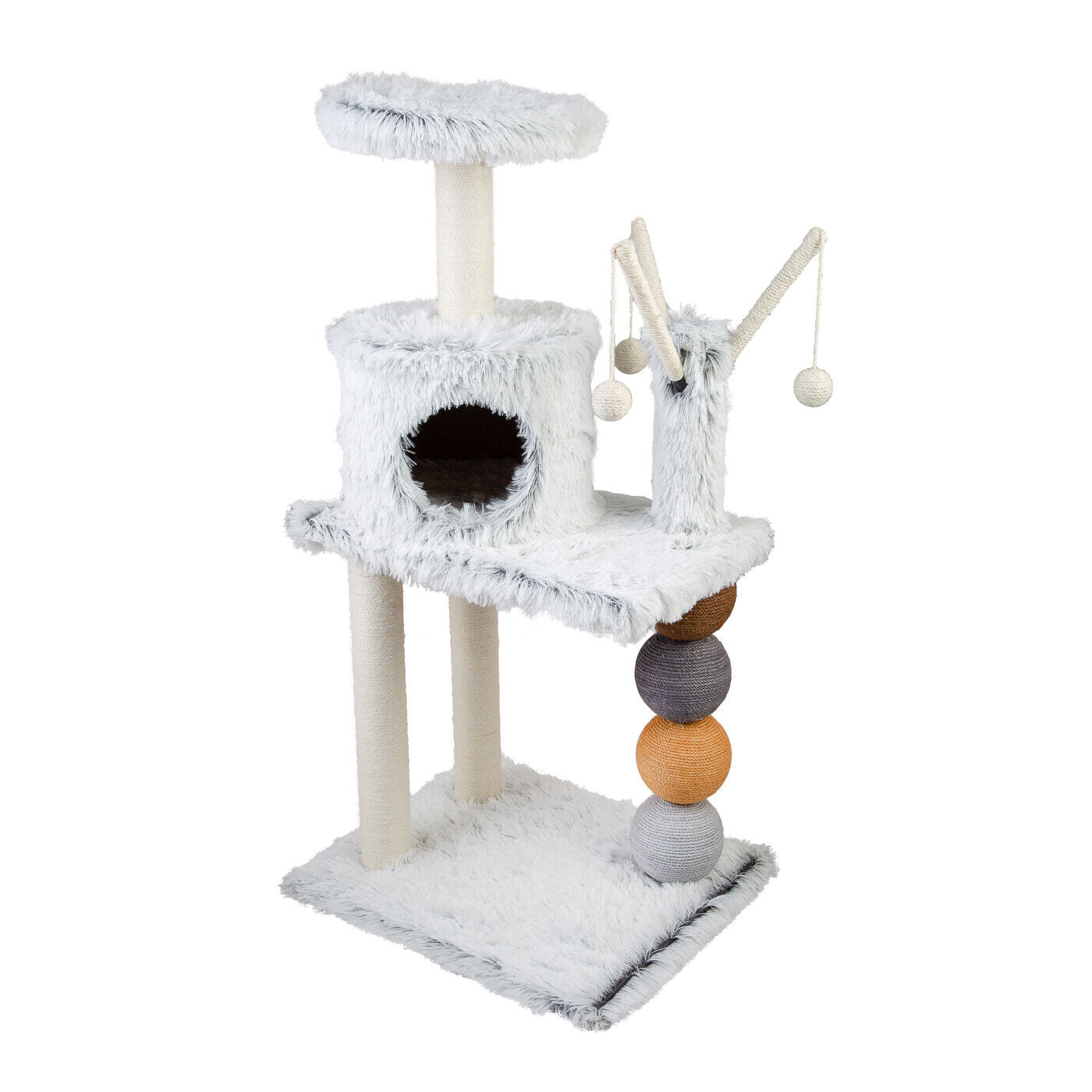 Tiragraffi ad Albero per Gatti Alto 100cm with Lettino , Pali e Palle Colorate in Sisal 3 Ripiani