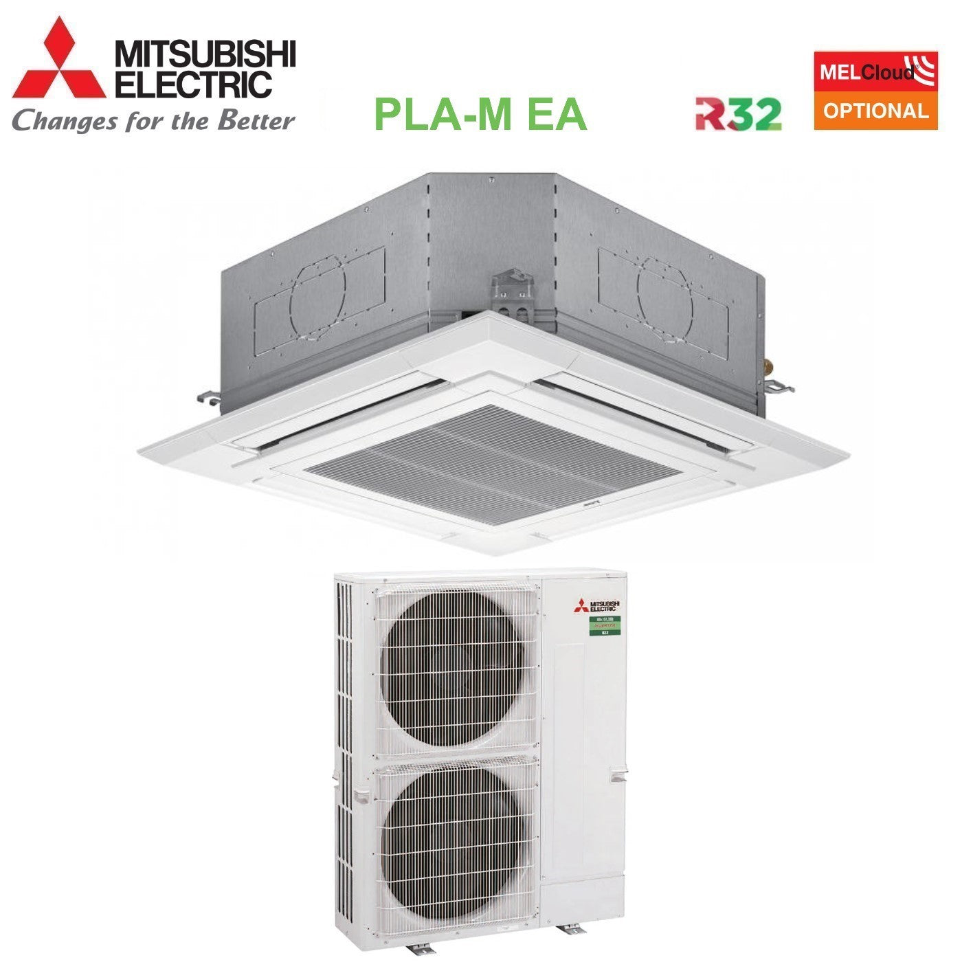 Mitsubishi Electric Air Conditioner Cassette 90x90 with 4 Ways 42000 Btu PLA-M125EA + PUZ-M125VKA Single Phase R-32 Wi-Fi Optional with Grille Included