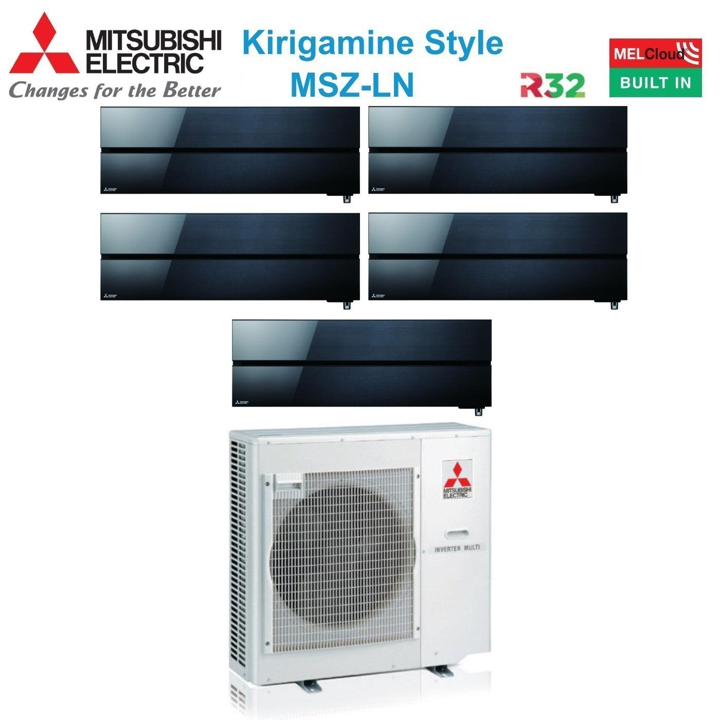 Air conditioner penta-split Mitsubishi Electric Inverter series Kirigamine Style MSZ-LN 9+9+9+9+12 with MXZ-5F102VF Onyx Black R-32 built-in Wi-Fi Colore black 9000+9000+9000+9000+12000