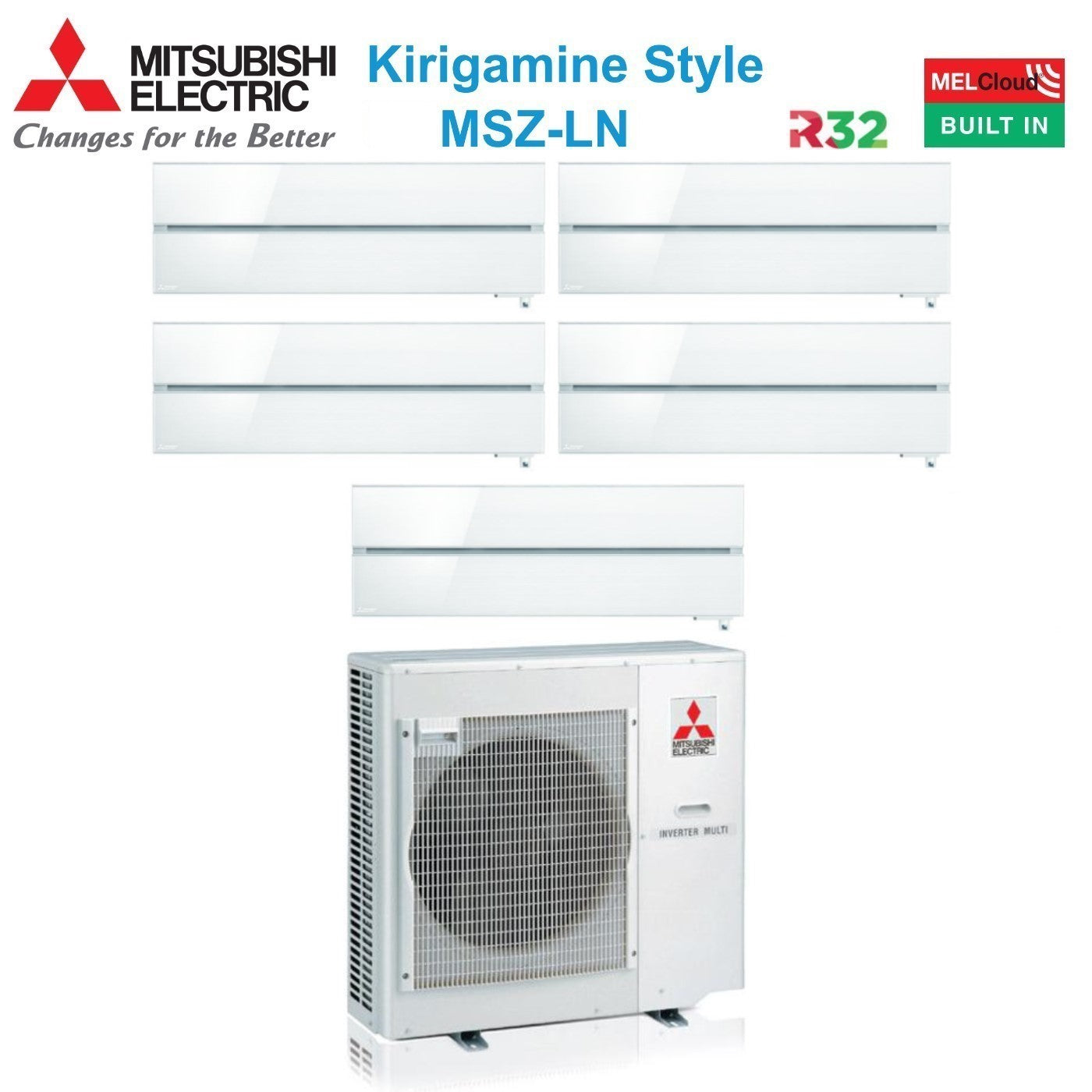 Air conditioner penta-split Mitsubishi Electric Inverter series Kirigamine Style MSZ-LN 9+9+9+9+12 with MXZ-5F102VF Pearl White R-32 built-in Wi-Fi Colore white Perla 9000+9000+9000+9000+12000