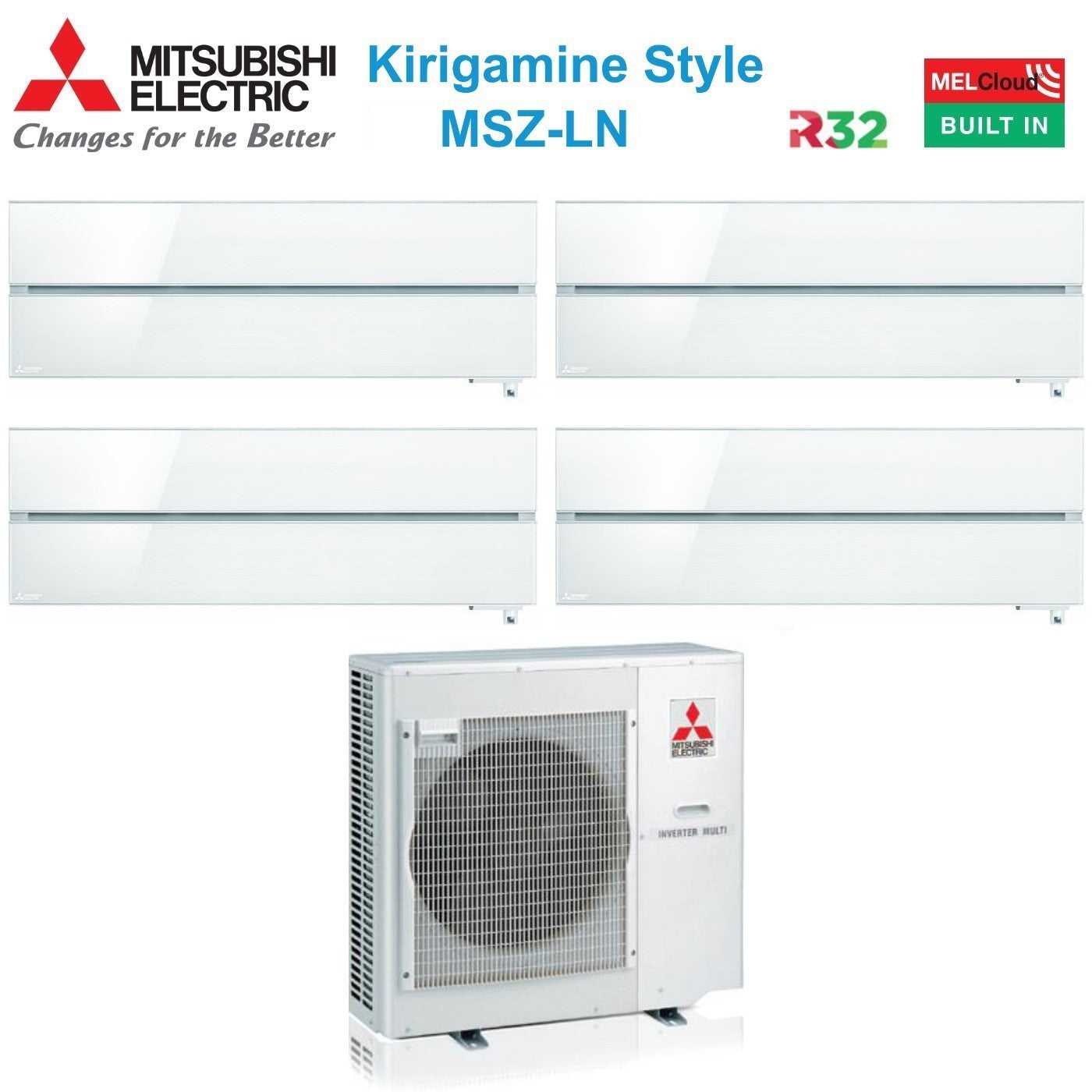 Air conditioner quad-split Mitsubishi Electric Inverter series Kirigamine Style MSZ-LN 9+9+9+12 with MXZ-4F80VF Pearl White R-32 built-in Wi-Fi Colore white Perla 9000+9000+9000+12000
