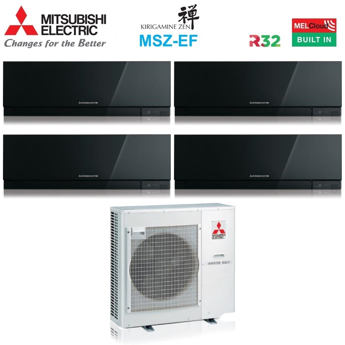 Mitsubishi Electric Air Conditioner Split Inverter Panels KIRIGAMINE ZEN BLACK series MSZ-EF 9+12+12+12 with MXZ-4F80VF R-32 Integrated Wi-Fi Black Color 9000+12000+12000+12000