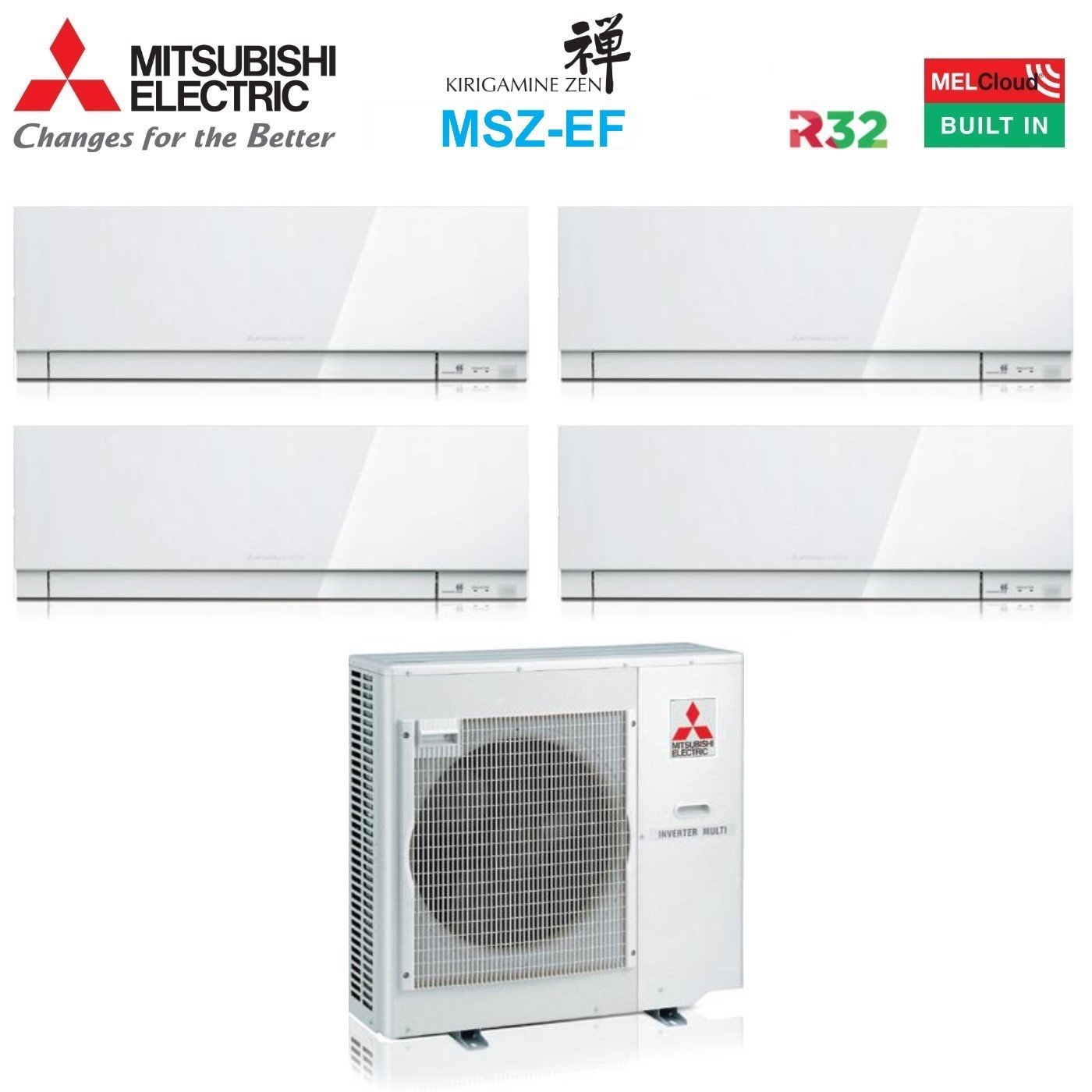 Mitsubishi Electric Air Conditioner Split Inverter Panels KIRIGAMINE ZEN WHITE series MSZ-EF 9+12+12+15 with MXZ-4F80VF R-32 Integrated Wi-Fi White Color 9000+12000+12000+15000